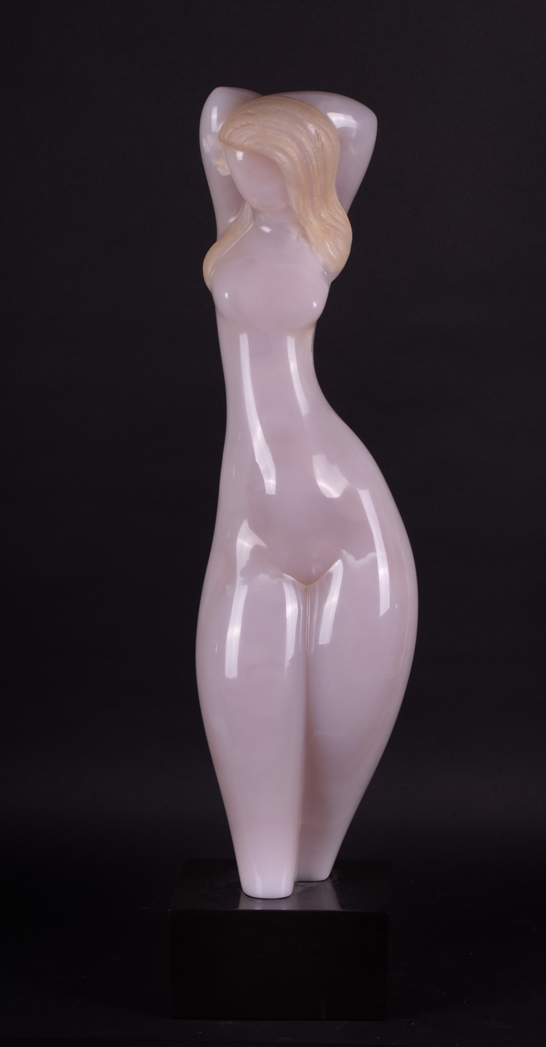Michael Barkin, American 20th Century, Standing Female Nude, pink onyx: Michael Barkin American, 20th Century Standing Female Nude pink onyx signed at the base Height, inclusive of base: 32 inches