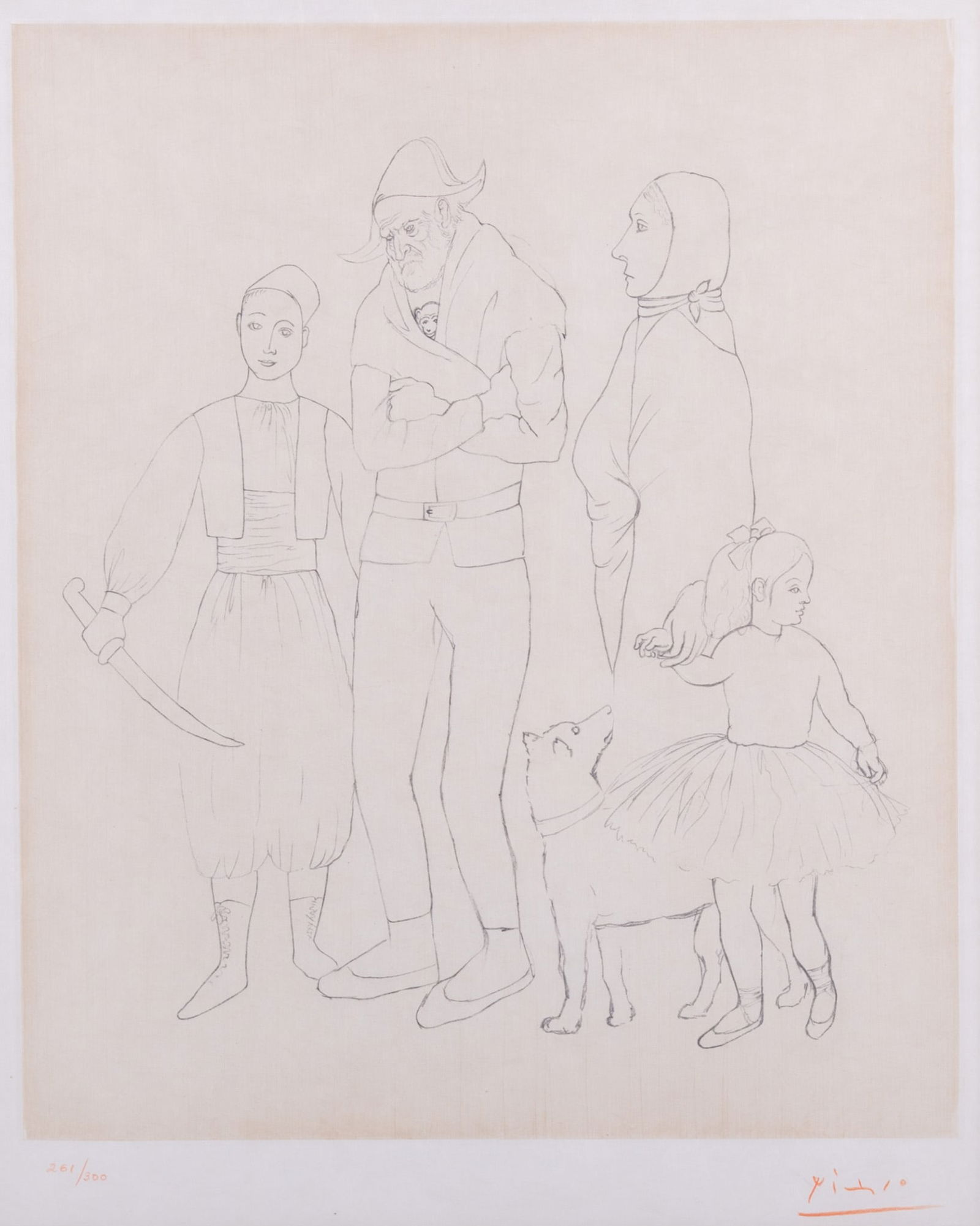 After Pablo Picasso, Famille des Saltimbanques, circa 1950, Soft-ground etching with chine coll? on: After Pablo PicassoFamille des Saltimbanques, circa 1950Soft-ground etching with chine coll? on japon support, ed. 261/300signed and numbered in red crayon in the lower margin, framed.19 14 x 16 1/4 i