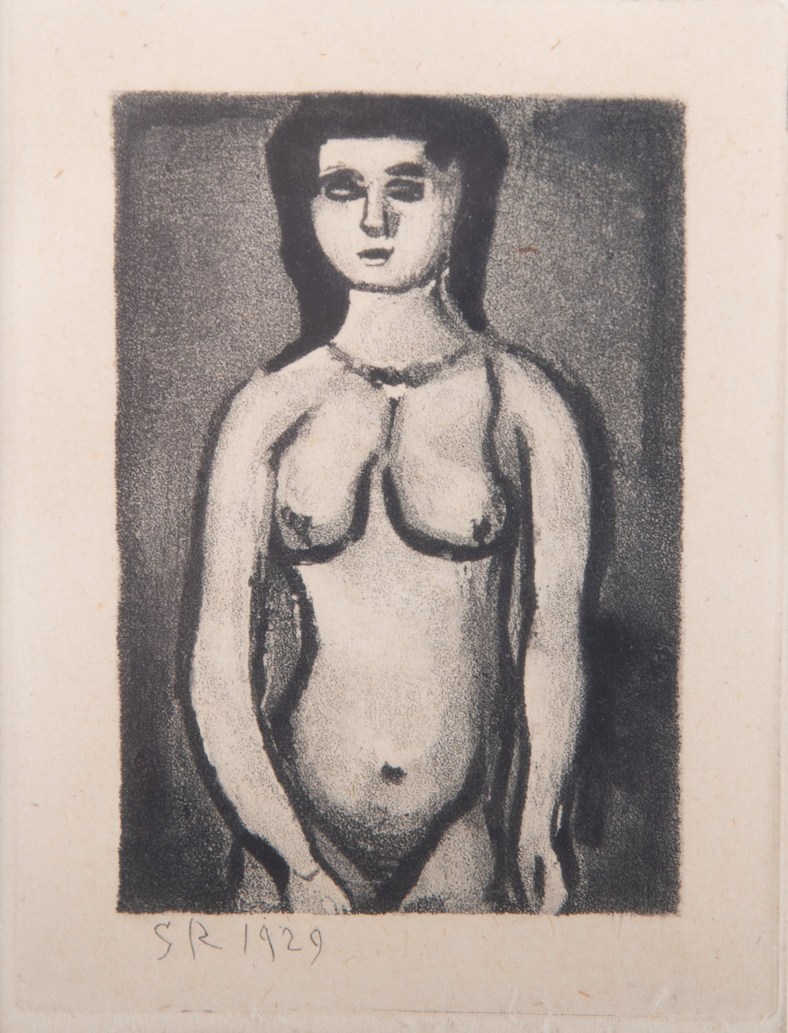 Georges Rouault, French (1871-1958), Fille Nue, 1929, etching and aquatint: Georges RouaultFrench, (1871-1958)Fille Nue, 1929etching and aquatintinitialed and dated 1929 in the plate, framed.Purchased: Ren? Breheret Editions d'Art, Paris, 6-19-19623 7/8 x 2 3/4 incehs (plate