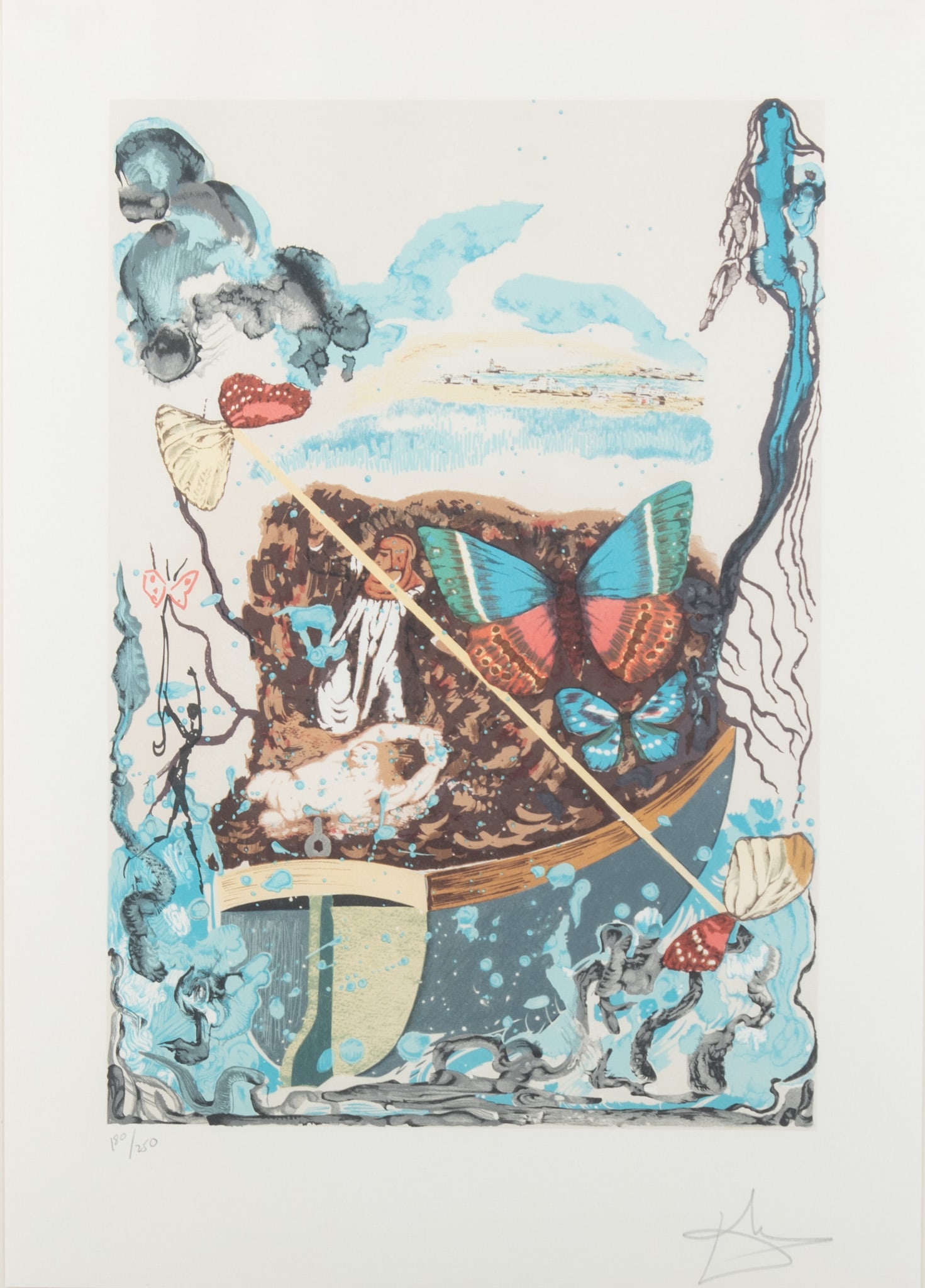 Salvador Dali, Spanish (1904-1989), Dawn (Six of Swords), from Papillons Anciennes, 1977, color: Salvador DaliSpanish, (1904-1989)Dawn (Six of Swords), from Papillons Anciennes, 1977color lithograph, ed. 180/250signed and numbered in pencil lower margin, framed.29 1/4 x 20 3/4 inches (sheet); 39