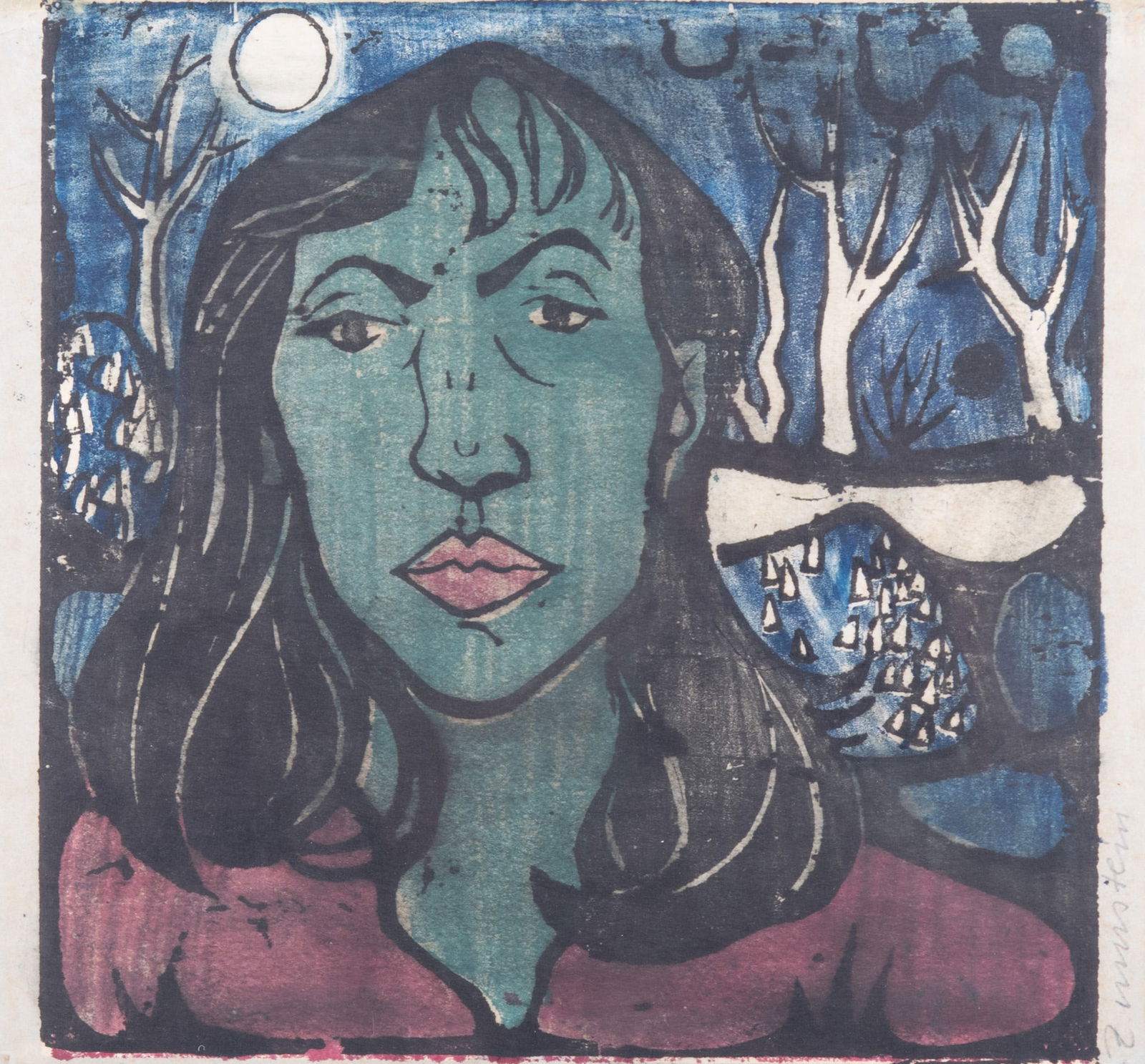 Beat (Beatus) Jean Zumstein, Swiss (1927-1984), Frau in Grun, 1954, color woodcut (1 of 4)