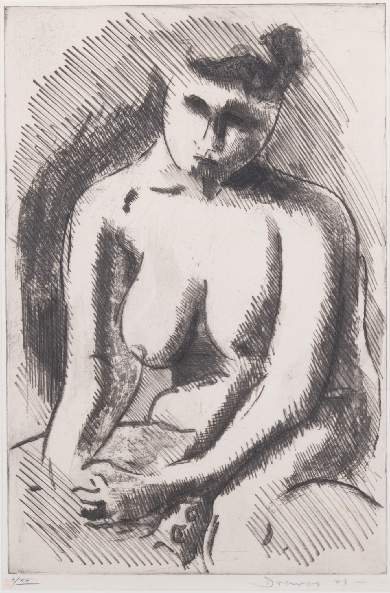 Werner Drewes, American/German (1899-1985), Female Nude, 1949, etching with drypoint, ed. 2/XX: Werner DrewesAmerican/German, (1899-1985)Female Nude, 1949etching with drypoint, ed. 2/XXsigned and numbered in pencil lower margin, framed.15 3/4 x 10 1/2 inches (platemark); 25 x 18 3/4 inches (over