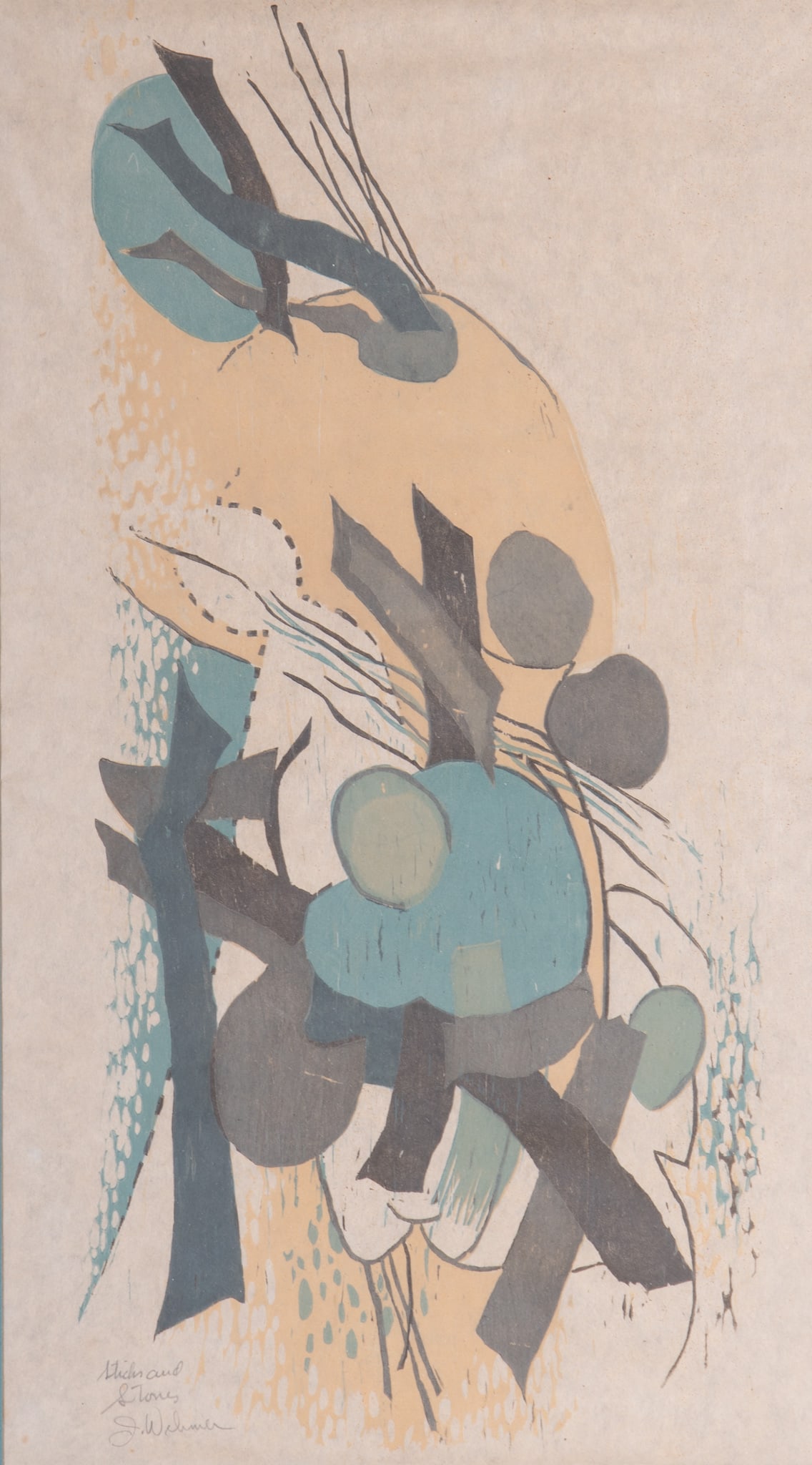 John Wehmer, Missouri (1927-2019), Sticks and Stones, color woodcut (1 of 4)