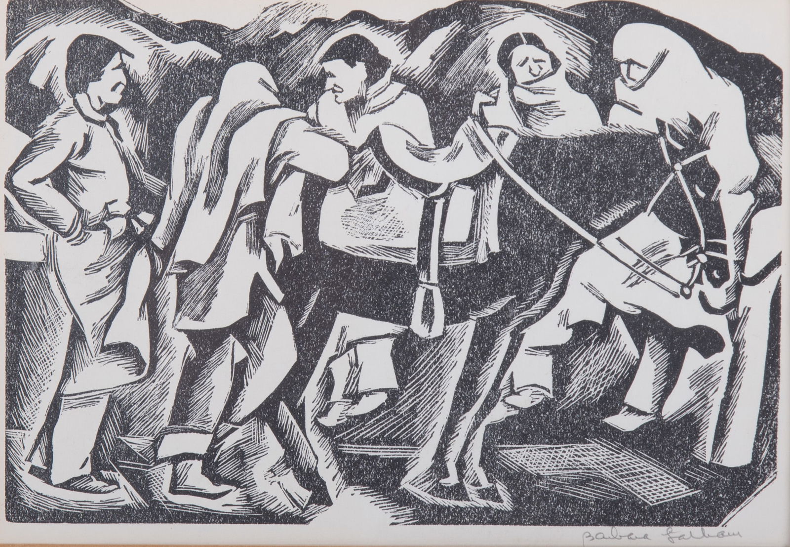 Barbara Latham, American (1896-1989), Indians with Horse, woodcut (1 of 4)