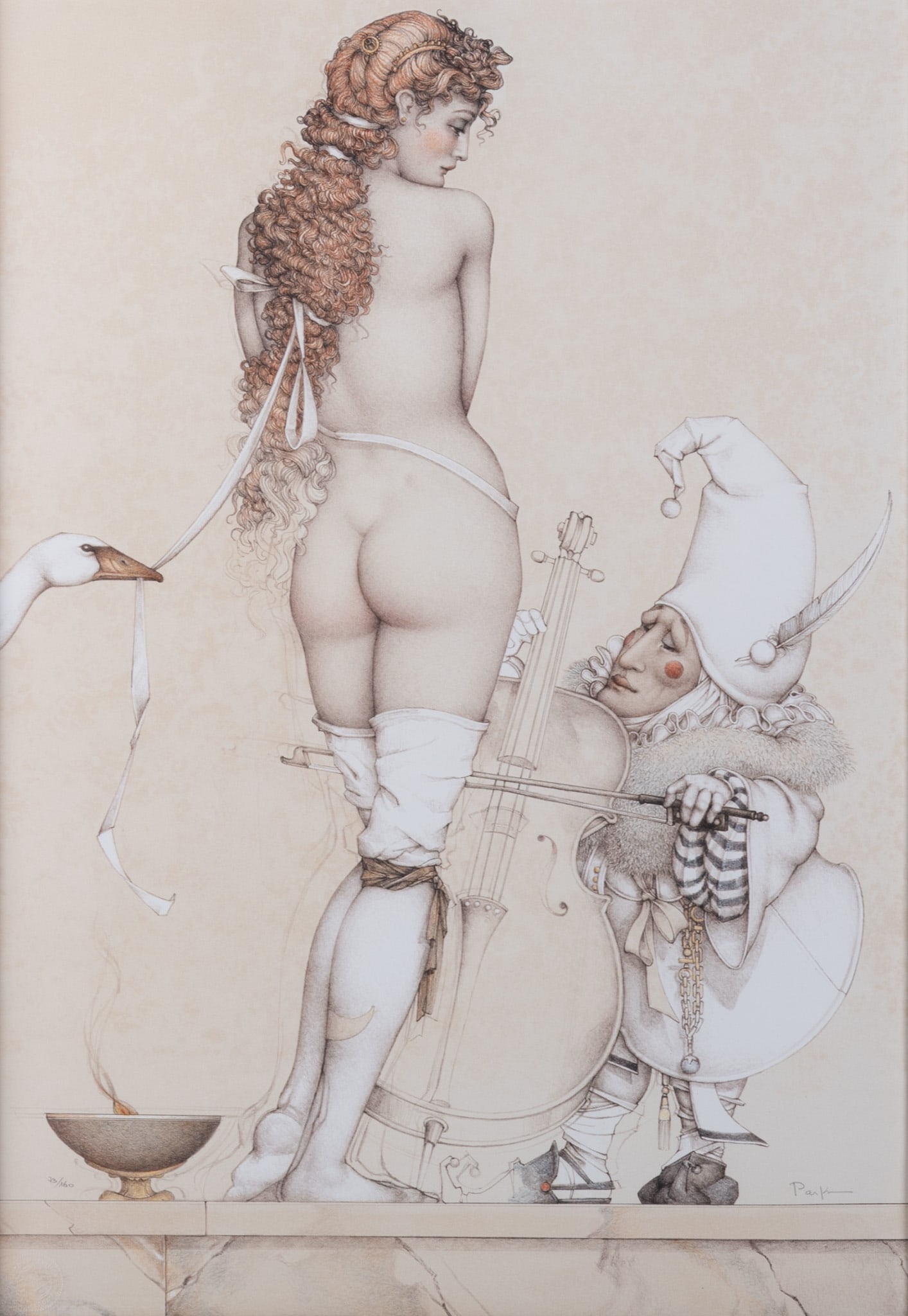Michael Parkes, American (b. 1944), Music Master, color lithograph, ed. #73/160: Michael ParkesAmerican, (b. 1944)Music Mastercolor lithograph, ed. #73/160signed and numbered in pencil lower margin, framed.27 x 19 inches (visible); 38 x 29 1/2 inches (overall with frame)