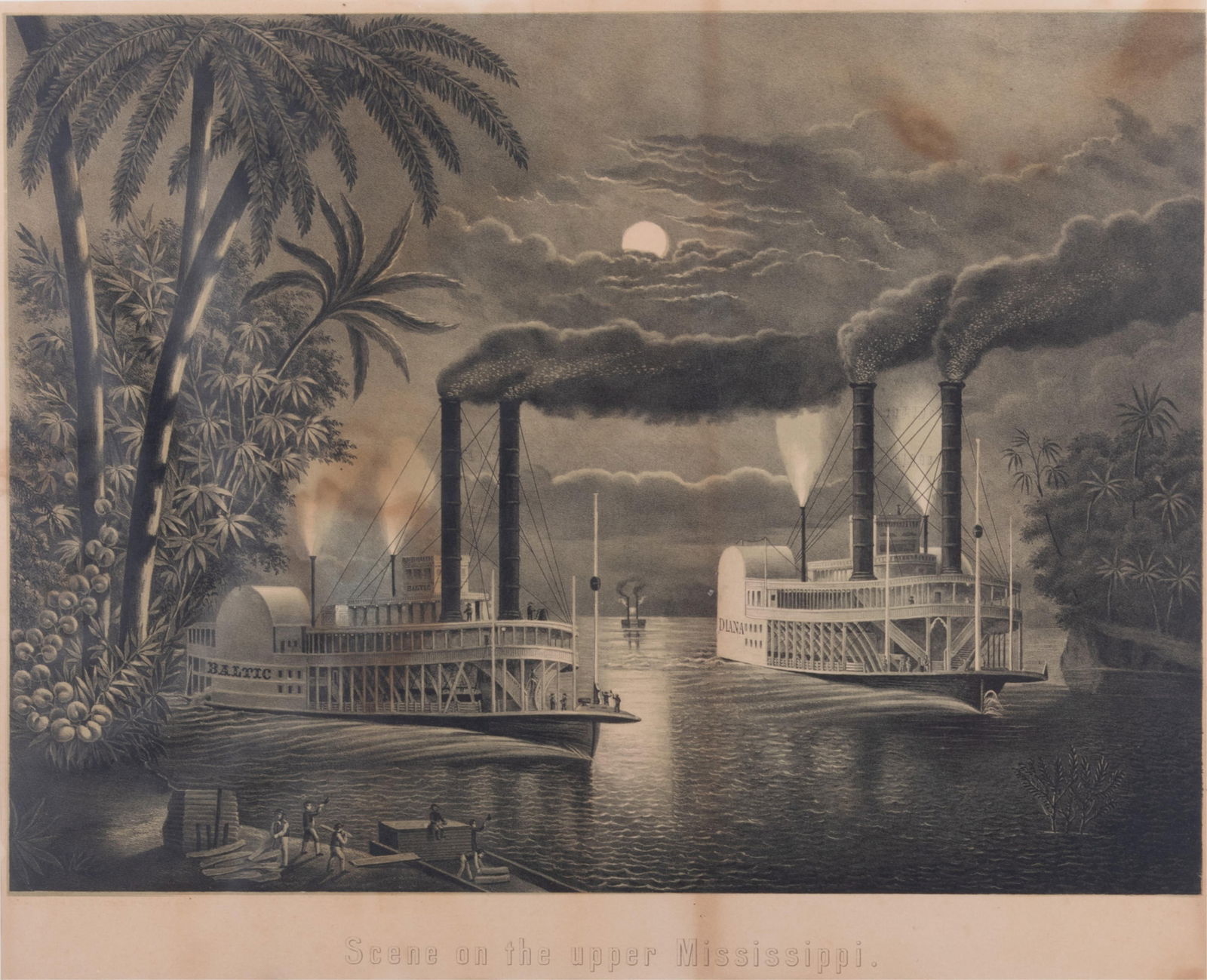 Enshel Adler & Sons, New York, ca 1860s. Scene on the Upper Mississippi (Am Ober Mississippi): Enshel Adler & Sons, New York, ca 1860s. Scene on the Upper Mississippi (Am Ober Mississippi)Hand-colored lithograph depicting the steamboats the Diana and the Baltic, side by side in the moonlight, f