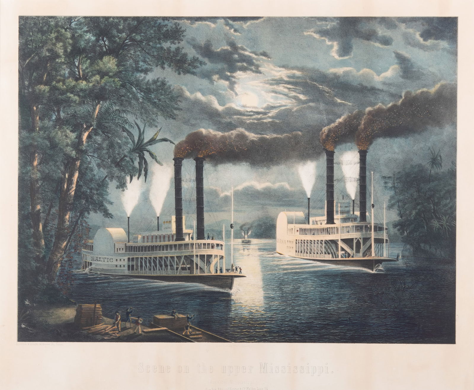 Fishel, Adler & Schwartz. Scene on the Upper Mississippi (Am Ober-Mississippi): Fishel, Adler & Schwartz. Scene on the Upper Mississippi (Am Ober-Mississippi)Large folio hand-colored lithograph of the steamers Baltic and Diana in the moonlight, on the Mississippi River.framed.20