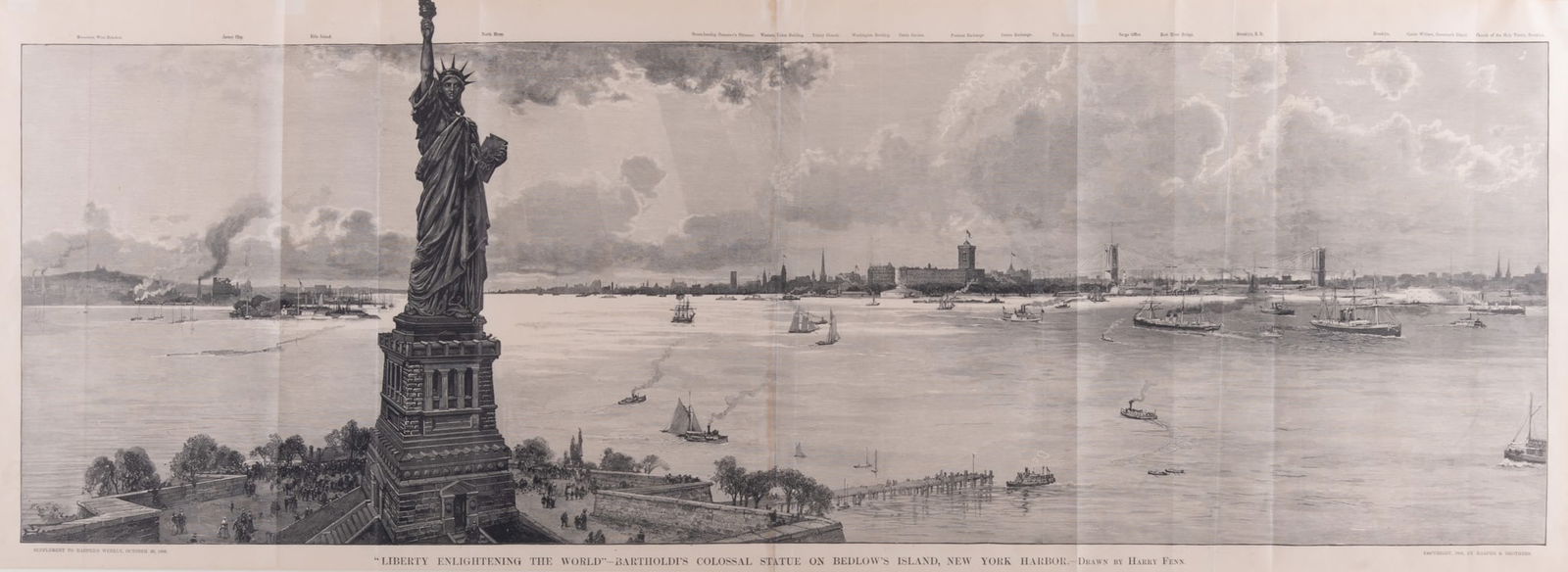 Fenn, Harry. Harper & Brothers (Publishers), 1886. Liberty Enlightening the World.: Fenn, Harry. Harper & Brothers (Publishers), 1886. Liberty Enlightening the World.Engraved Harper's Weekly 1886 six-folded supplement depicting Bartholdi's colossal statue on Bedlow's Island, New York