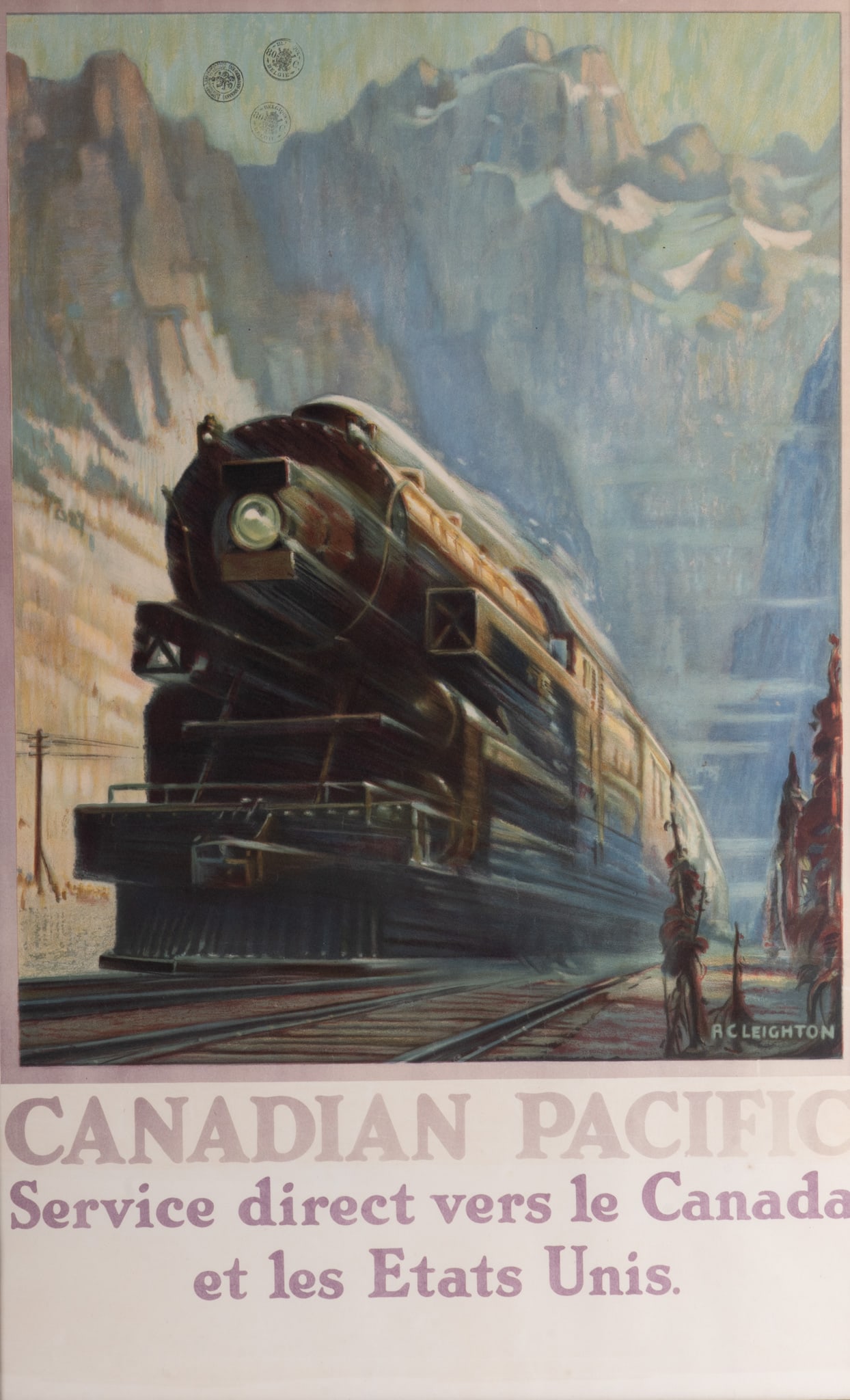 Alfred Crocker Leighton, Alberta / United Kingdom, Canada, England. (1901-1965), Canadian Pacific -: Alfred Crocker LeightonAlberta / United Kingdom, Canada, England., (1901-1965)Canadian Pacific - Service Direct vers le Canada et les Etats Uniscolor lithographic posterin custom frame38 1/2 x 24 inch