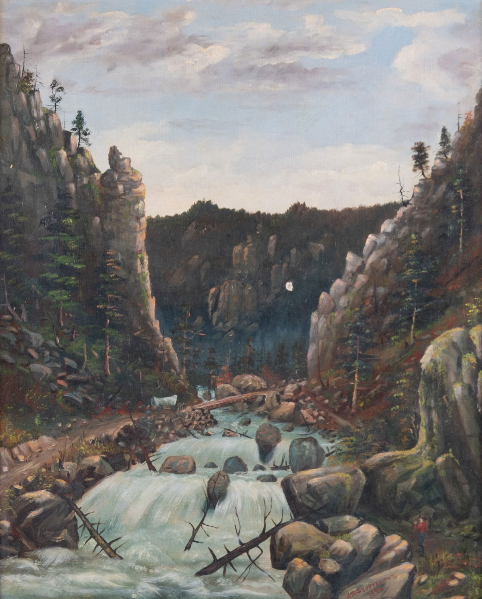 J. B. Sturtevant, (1851-1910), Near the Boulder Falls, 1894, oil on canvas: J. B. Sturtevant(1851-1910)Near the Boulder Falls, 1894oil on canvassigned and dated lower right, gilt-framed.small tear to canvas22 x 18 inches; 33 x 28 inches (overall with frame)
