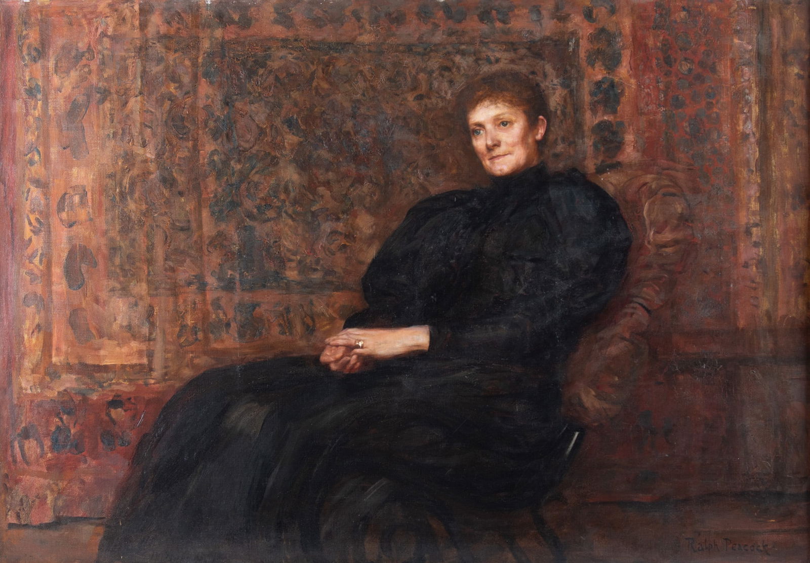Ralph Peacock, United Kingdom (1868-1946), Portrait of Mrs. Frederic Lacy Robinson, shown seated,: Ralph PeacockUnited Kingdom, (1868-1946)Portrait of Mrs. Frederic Lacy Robinson, shown seated, wearing a black dressoil on canvassigned lower right, framed.Label verso: Fogg Museum of Art Loan3
