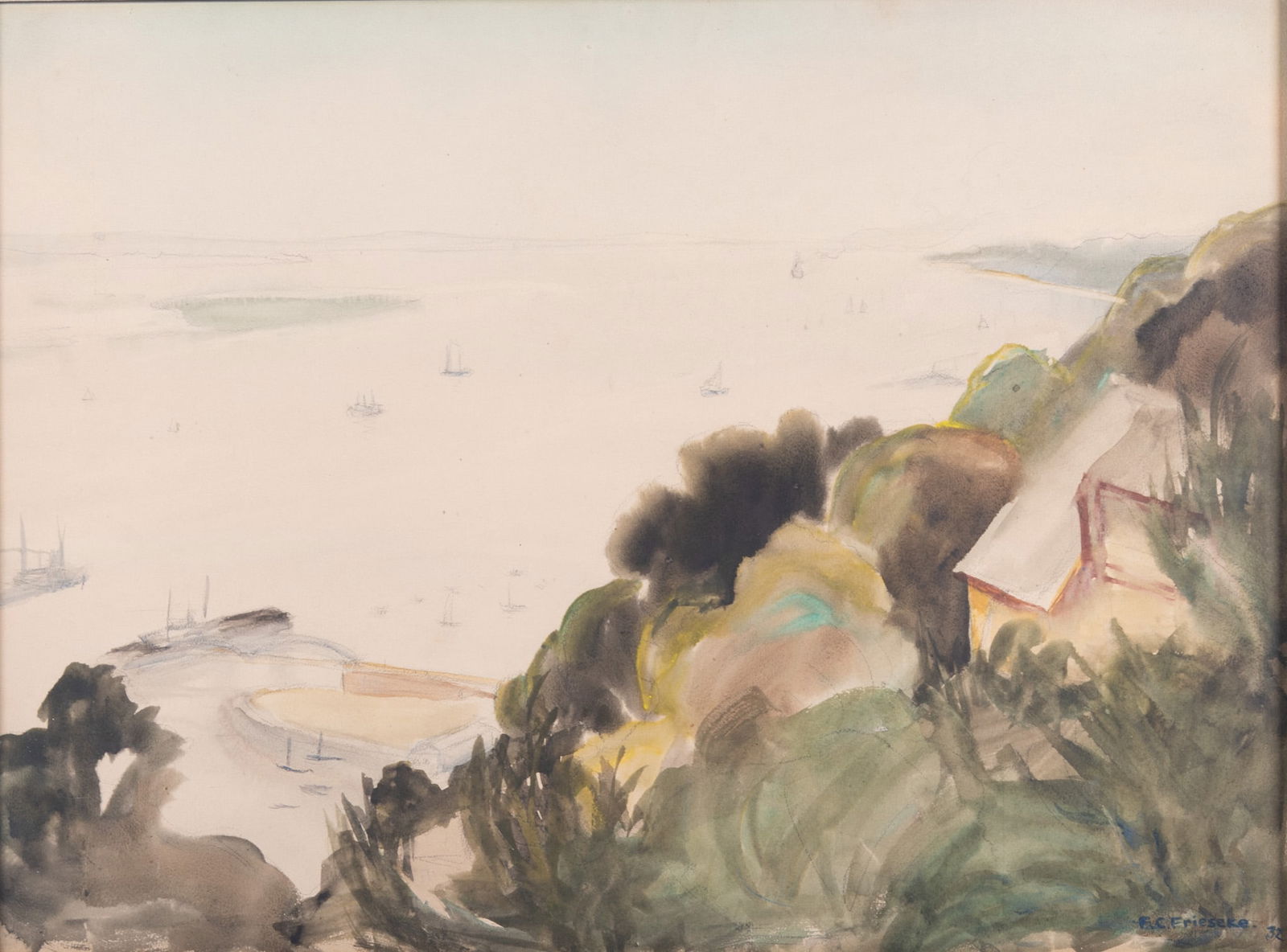 Frederick Carl Frieseke, (1874-1939), Harbor Scene, 1932, watercolor on paper (1 of 4)