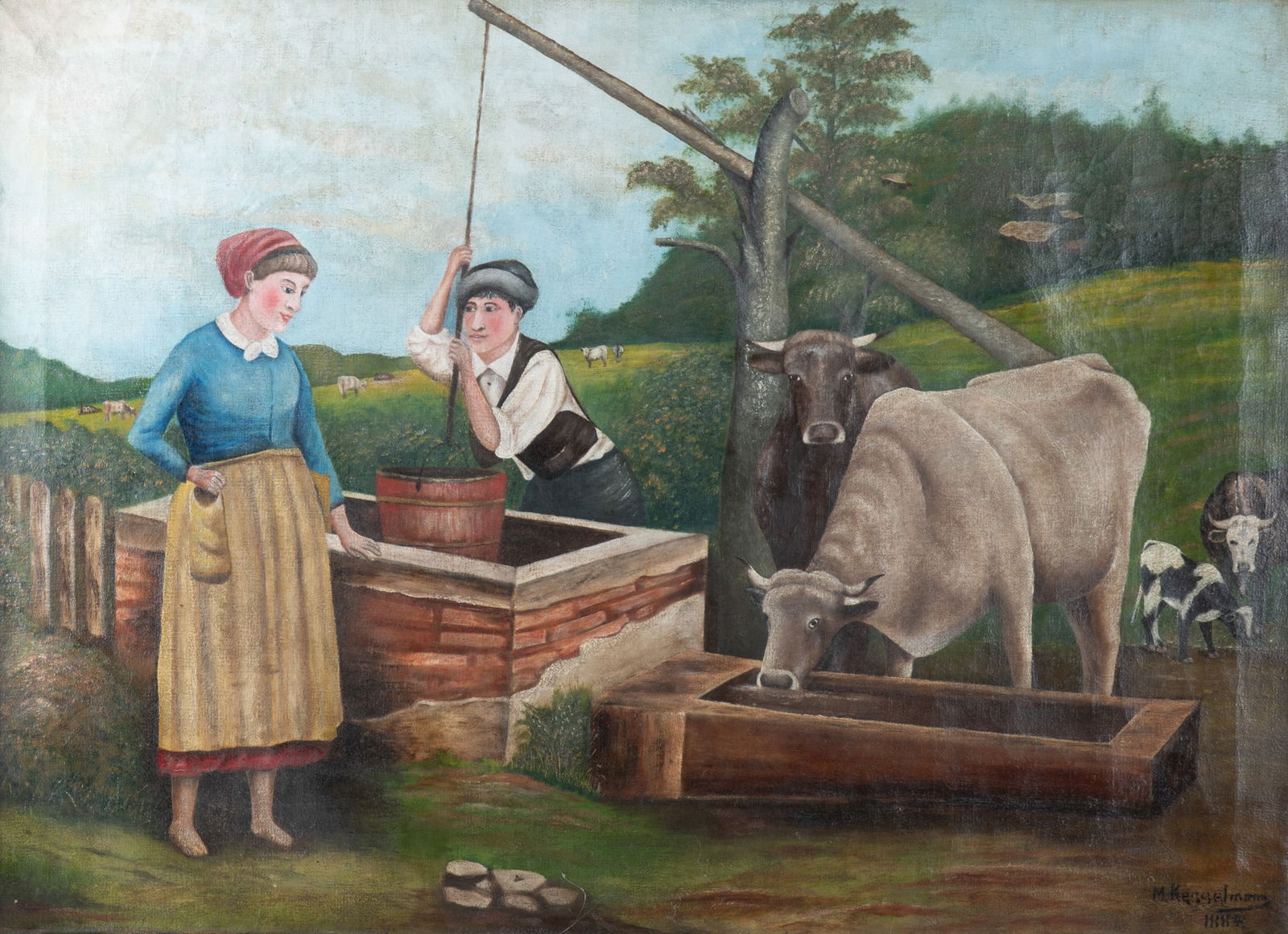 American School 19th Century, Folk Art Scene of Figures and Cows at a Well, oil on canvas (1 of 5)