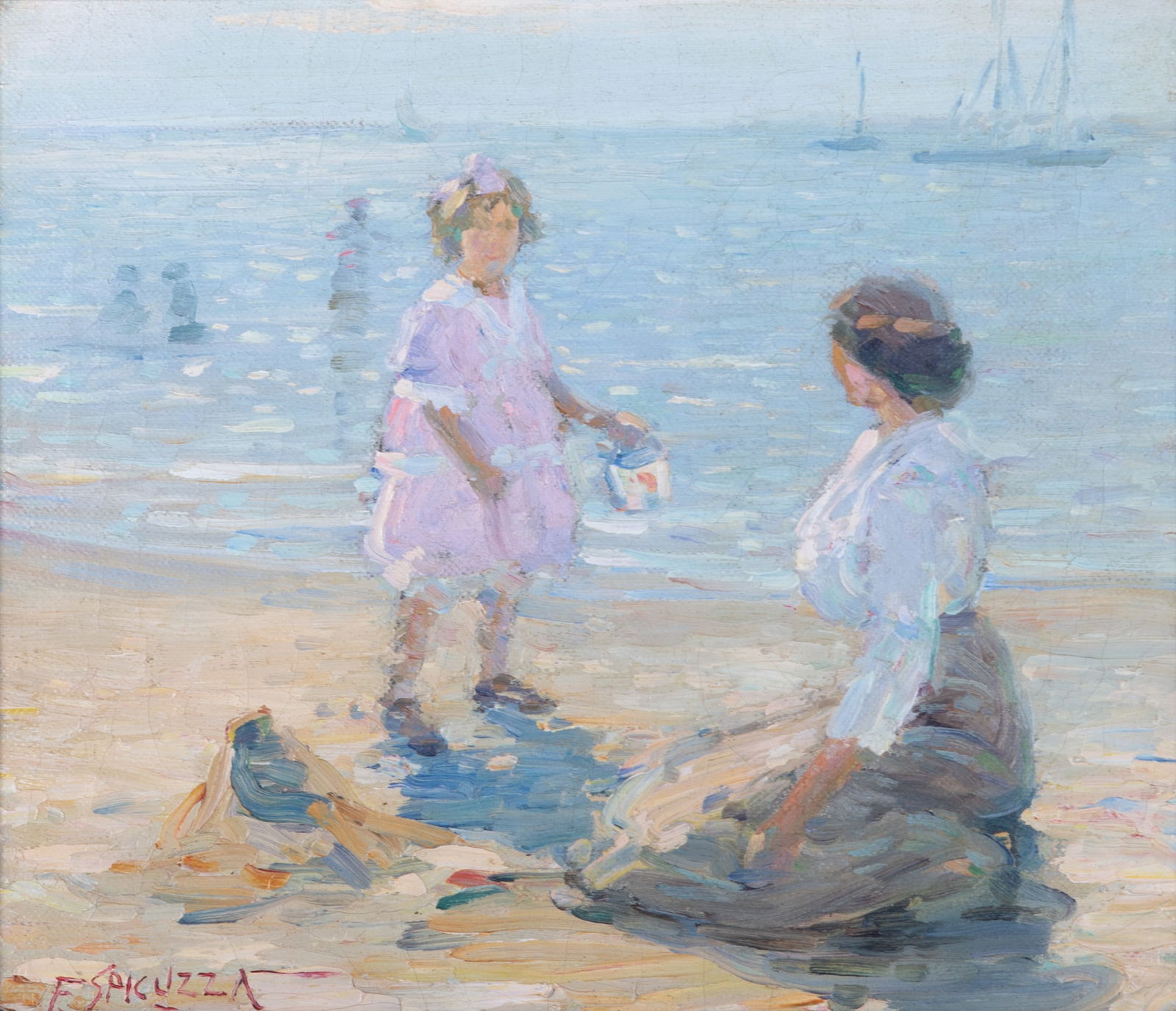 Francesco Jiaconino Spicuzza, Wisconsin (1883-1962), Beach Scene with Woman and Child, oil on canvas: Francesco Jiaconino SpicuzzaWisconsin, (1883-1962)Beach Scene with Woman and Childoil on canvassigned lower left, framed.12 x 14 inches