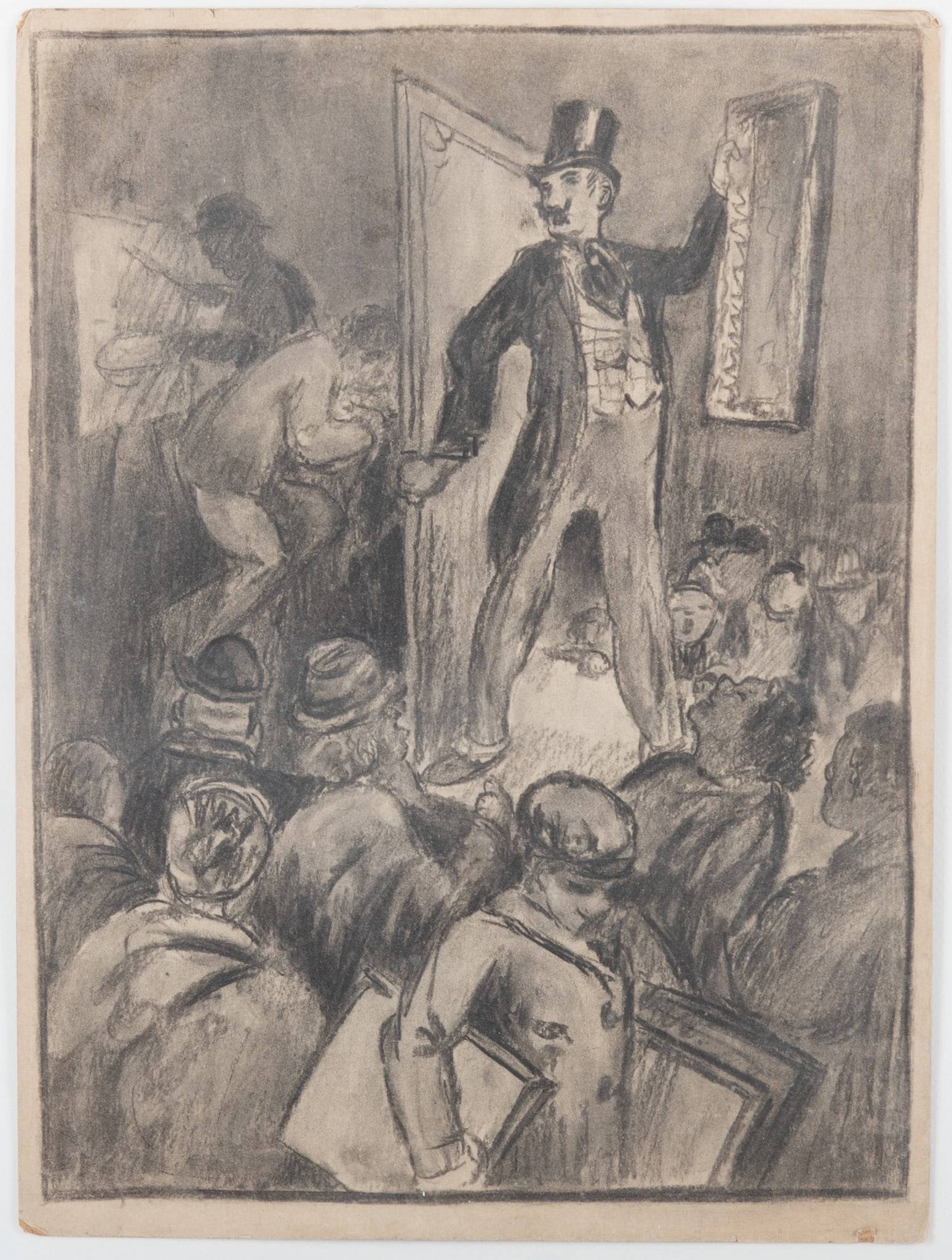 American School Circa 1930s-40s, The Auction Room, charcoal on paperboard (1 of 3)