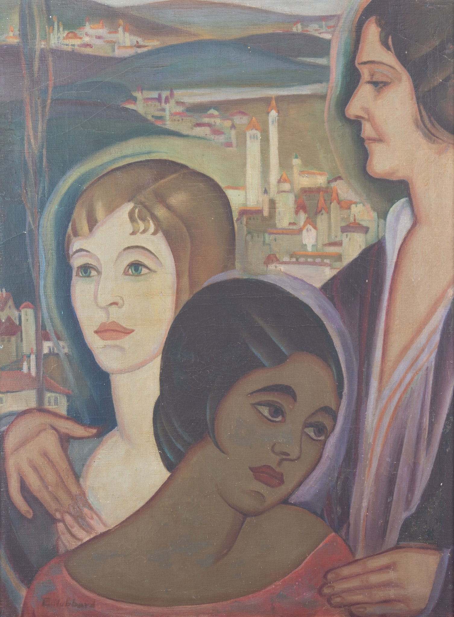E. Hubbard, American 19th-20th Century, Portrait of Three Women, Distant Mountain Village, ca (1 of 5)