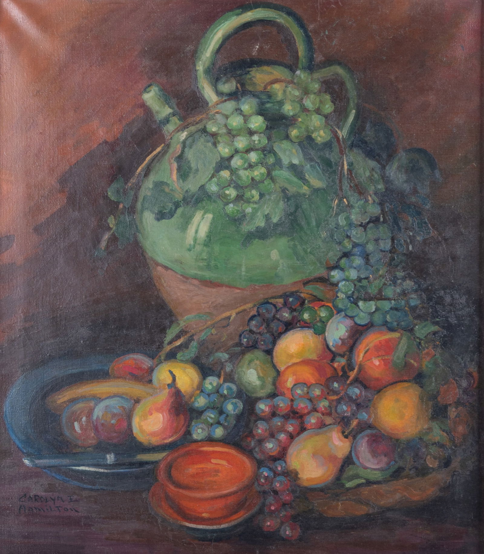 Carolyn E. Hamilton, Illinois 20th Century, Still Life with Fruit and Pottery, oil on canvas (1 of 5)