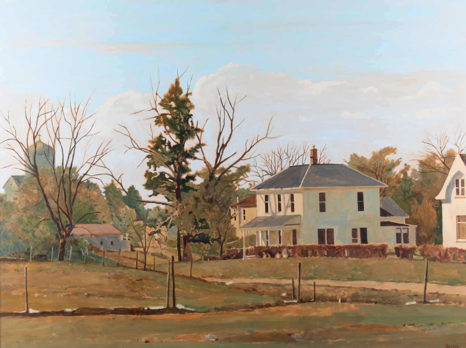 John Gordon, Near the Church, Stuart, 1979, oil on board: John GordonNear the Church, Stuart, 1979oil on boardsigned lower right and again with title and date verso, framed.36 x 48 inches; 42 x 53 1/2 inches (overall with fraqme)