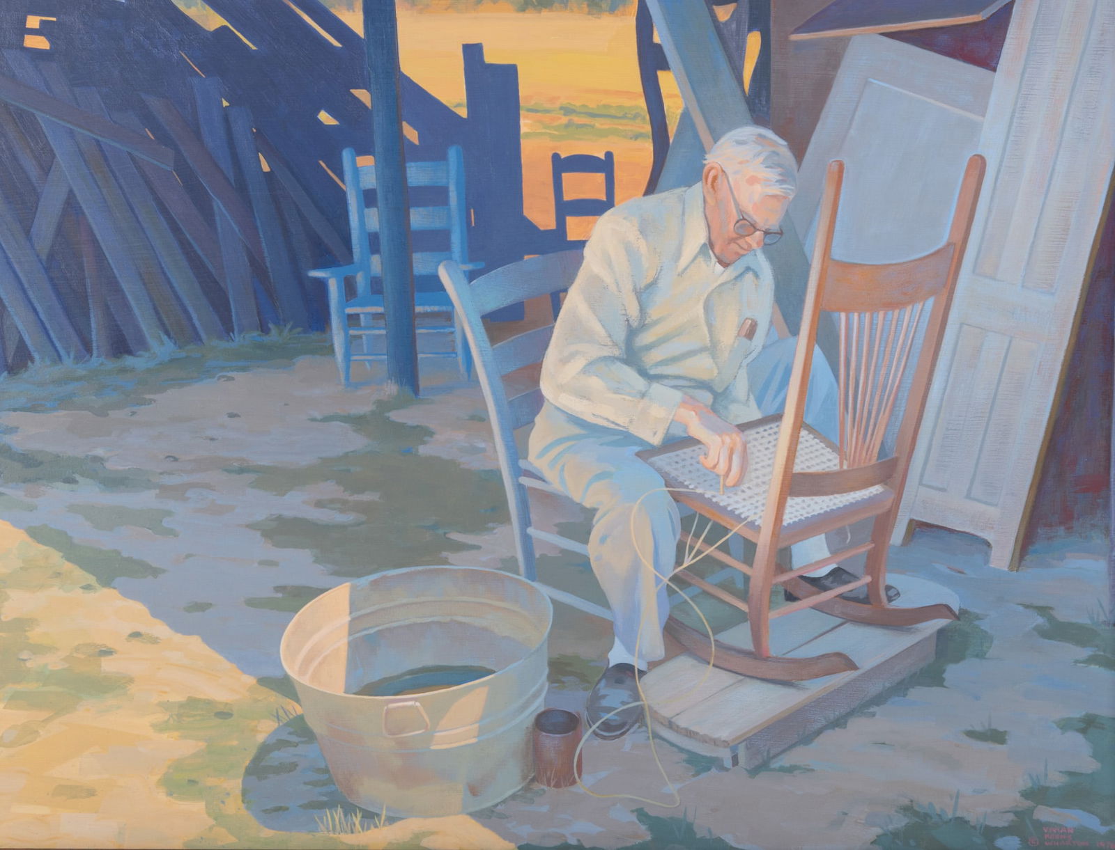 Vivian Keens Wharton, North Carolina (1922-1999), Weaving a Cane Seat, 1978, acrylic on board: Vivian Keens WhartonNorth Carolina, (1922-1999)Weaving a Cane Seat, 1978acrylic on boardsigned and dated lower right, framed.18 x 24 inches; 23 1/2 x 30 inches (overall with frame)