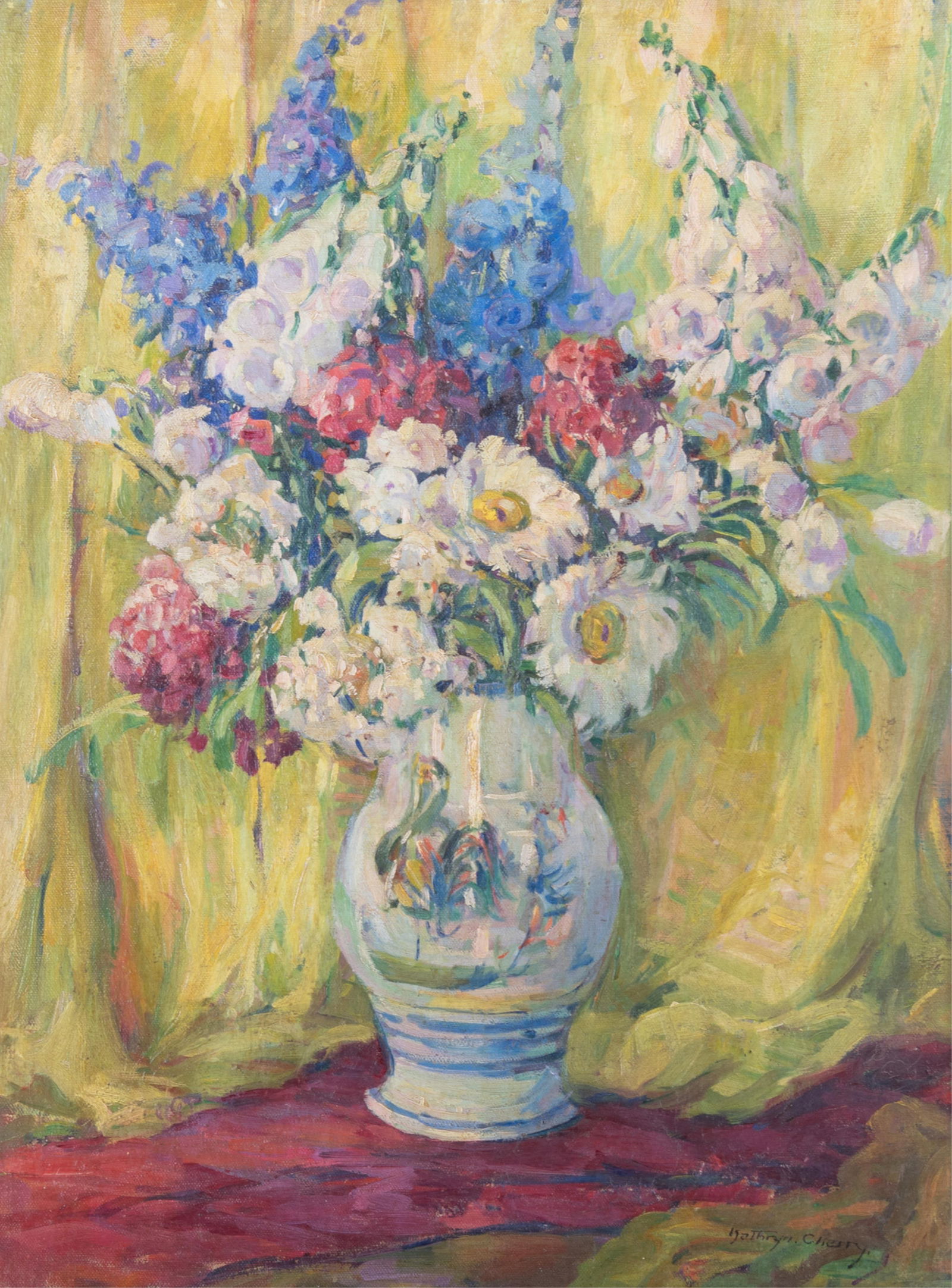 Kathryn E. Bard Cherry, Missouri (1880-1931), Floral Still Life, oil on cavnvasboard: Kathryn E. Bard CherryMissouri, (1880-1931)Floral Still Lifeoil on cavnvasboardsigned lower right, gilt-framed.24 x 18 inches