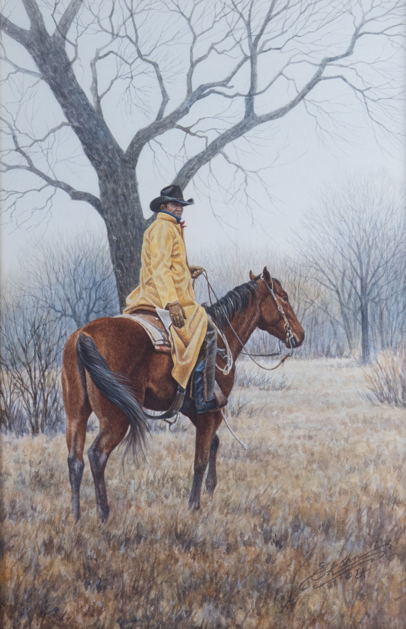 Earl Kuhn, Kansas (b. 1947), Morning Mist, 1987, watercolor on paper: Earl KuhnKansas, (b. 1947)Morning Mist, 1987watercolor on papersigned and dated lower right, framed.Label verso: Americana Museum18 x 12 inches; 27 x 20 inches (overall with frame)