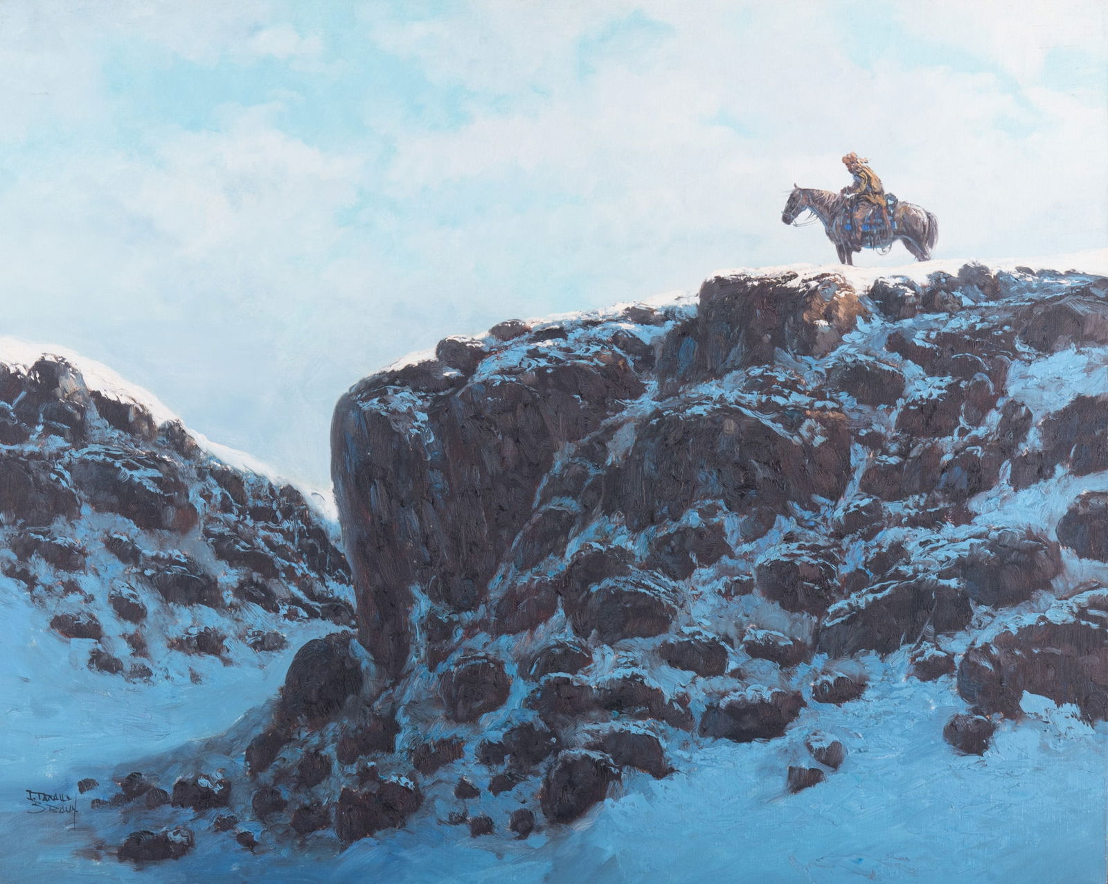 Jorge Tarallo, California (b. 1951), Horse and Rider on a Mountain Trail, oil on canvas: Jorge TaralloCalifornia, (b. 1951)Horse and Rider on a Mountain Trailoil on canvassigned lower left, framed.24 x 30 inches; 25 x 31 inches (overall with frame)