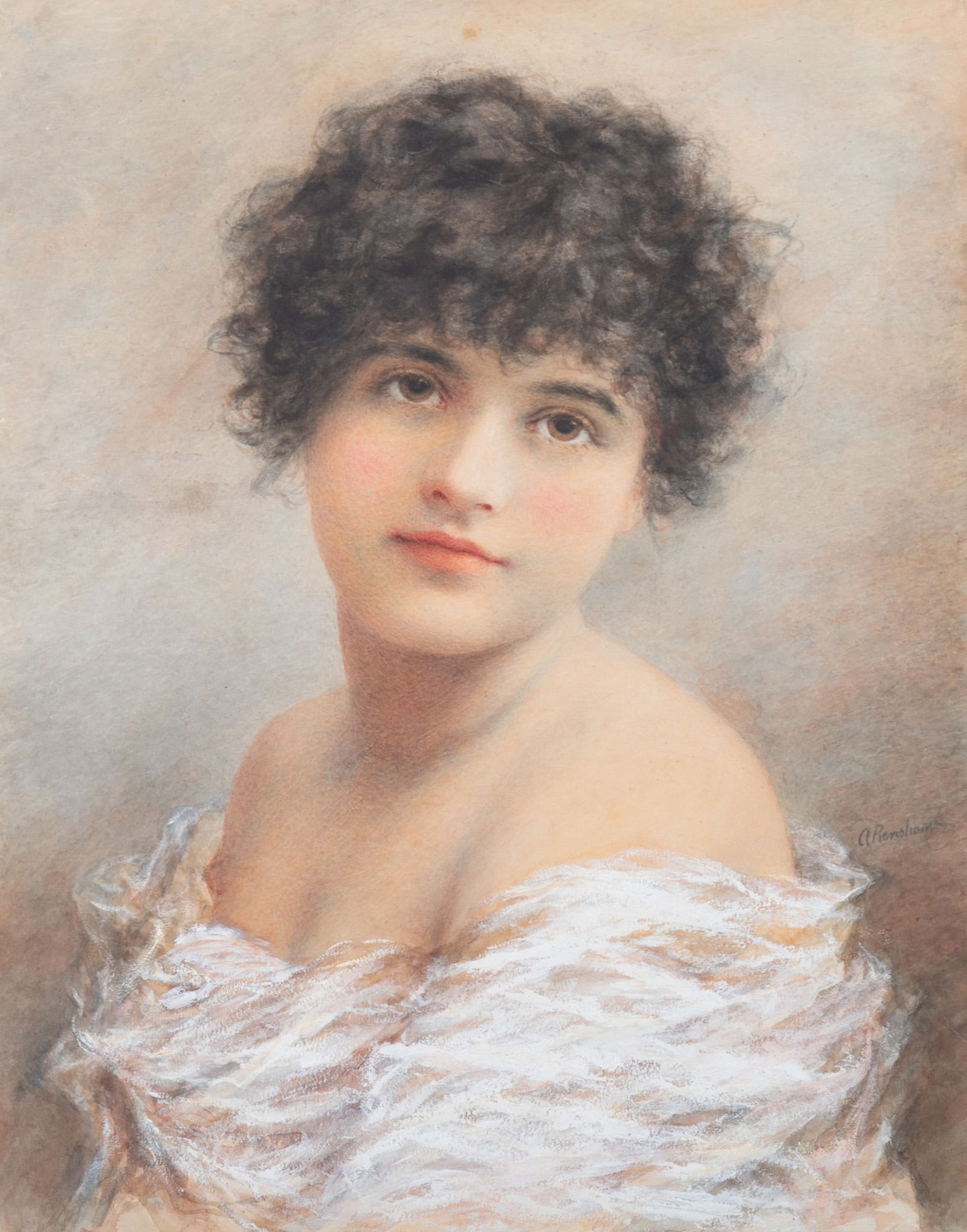 Alice Renshaw, England (1849-1900), Portrait of a Young Woman in White, Watercolour, Gouache & (1 of 4)