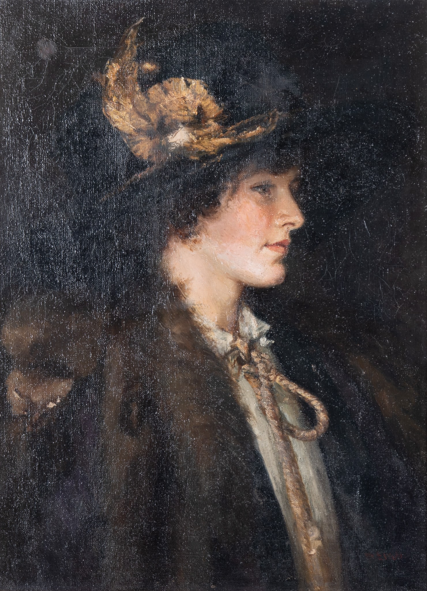 Margaret Eveline Wake, English (1867-1930), Bust-Length Portrait of a Woman in a Plumed Hat, oil on: Margaret Eveline WakeEnglish, (1867-1930)Bust-Length Portrait of a Woman in a Plumed Hatoil on canvassigned lower right, gilt-framed.Wake exhibited at the Royal Academy, at the Royal Institute of Oil