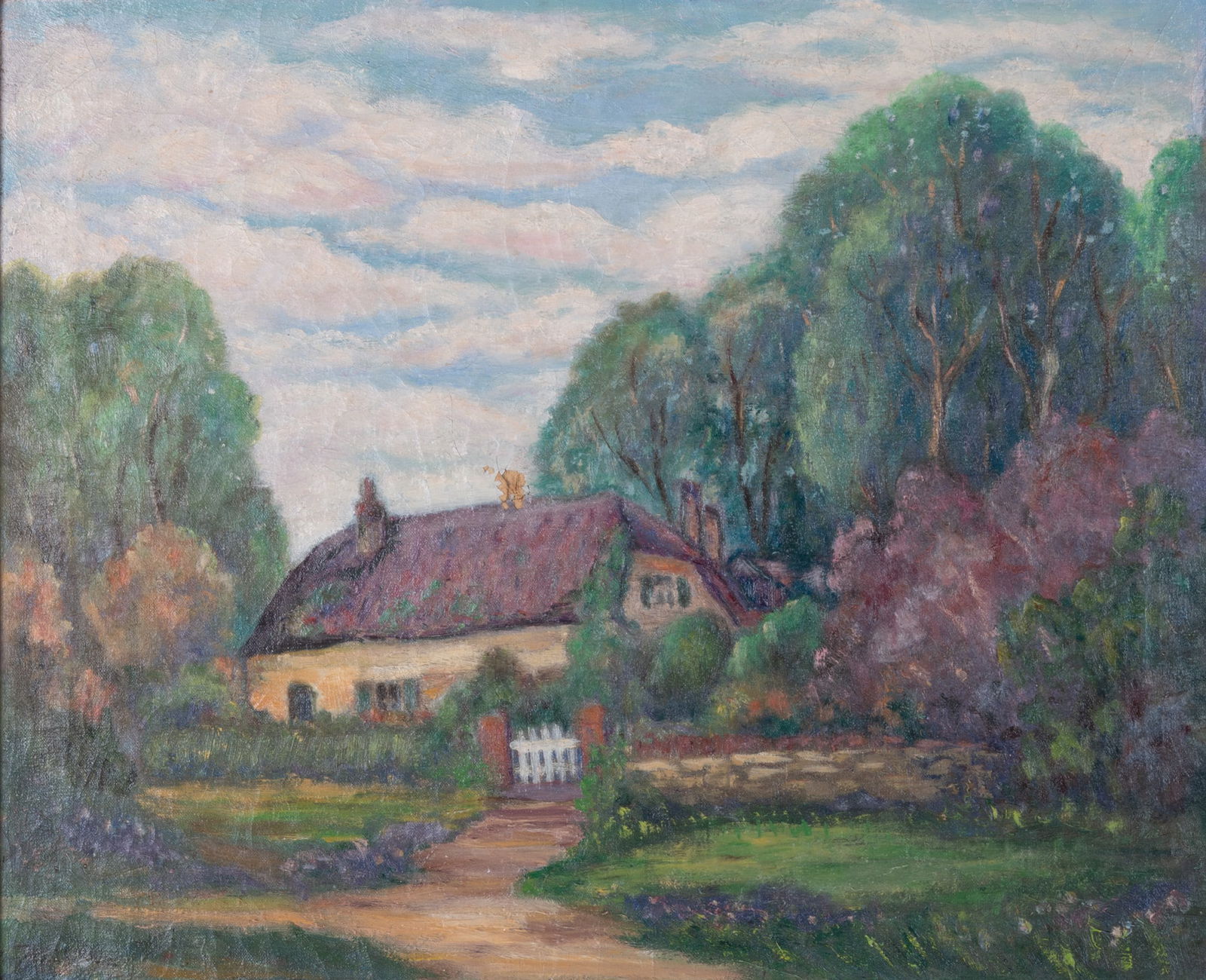 20th Century, Thatched cottage in a Garden Landscape, oil on canvas (1 of 4)