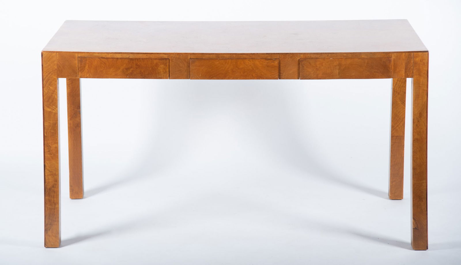 Italian Mid Century Modern Three Drawer Desk: Italian Mid Century Modern Three Drawer Desk Rectangular burl top above three short drawers raised on straight legs. 29 x 54 x 27 inches