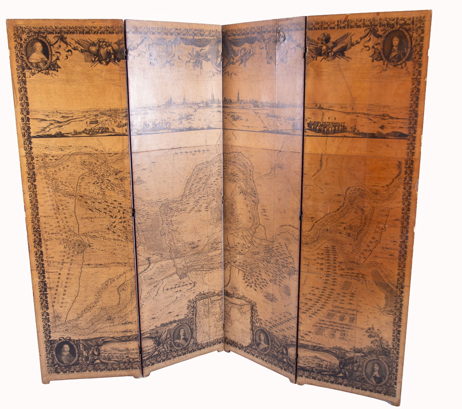 Antique French Four Panel Room Screen: Antique French Four Panel Room Screen On one side, the panels make up a map of the Siege of Arras, 1654. The top portion is a skyline with a portrait of Louis XIV, and other monarch figures. 71 1/2 x