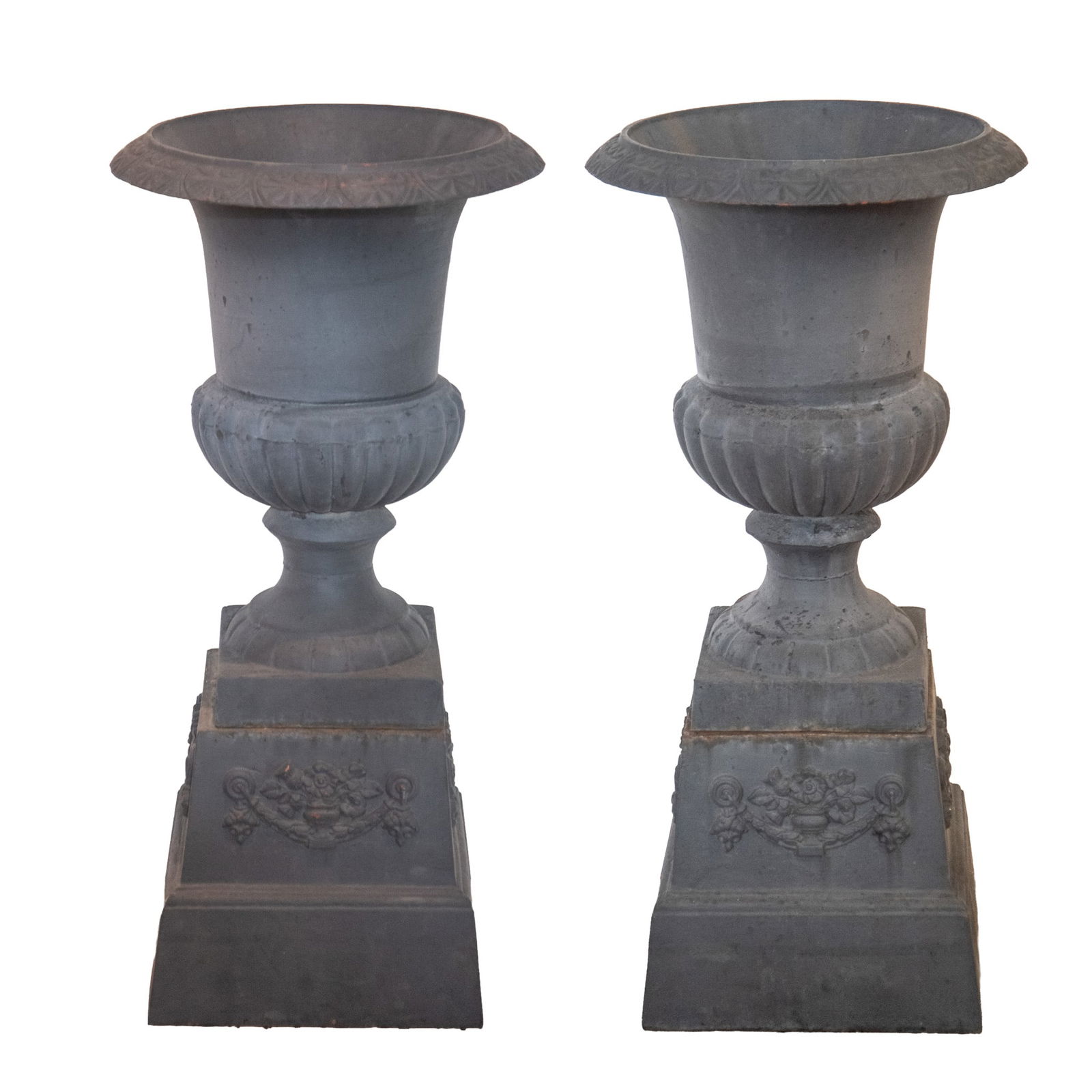 Pair Of French Black Cast Iron Garden Urns In Two Parts (1 of 3)