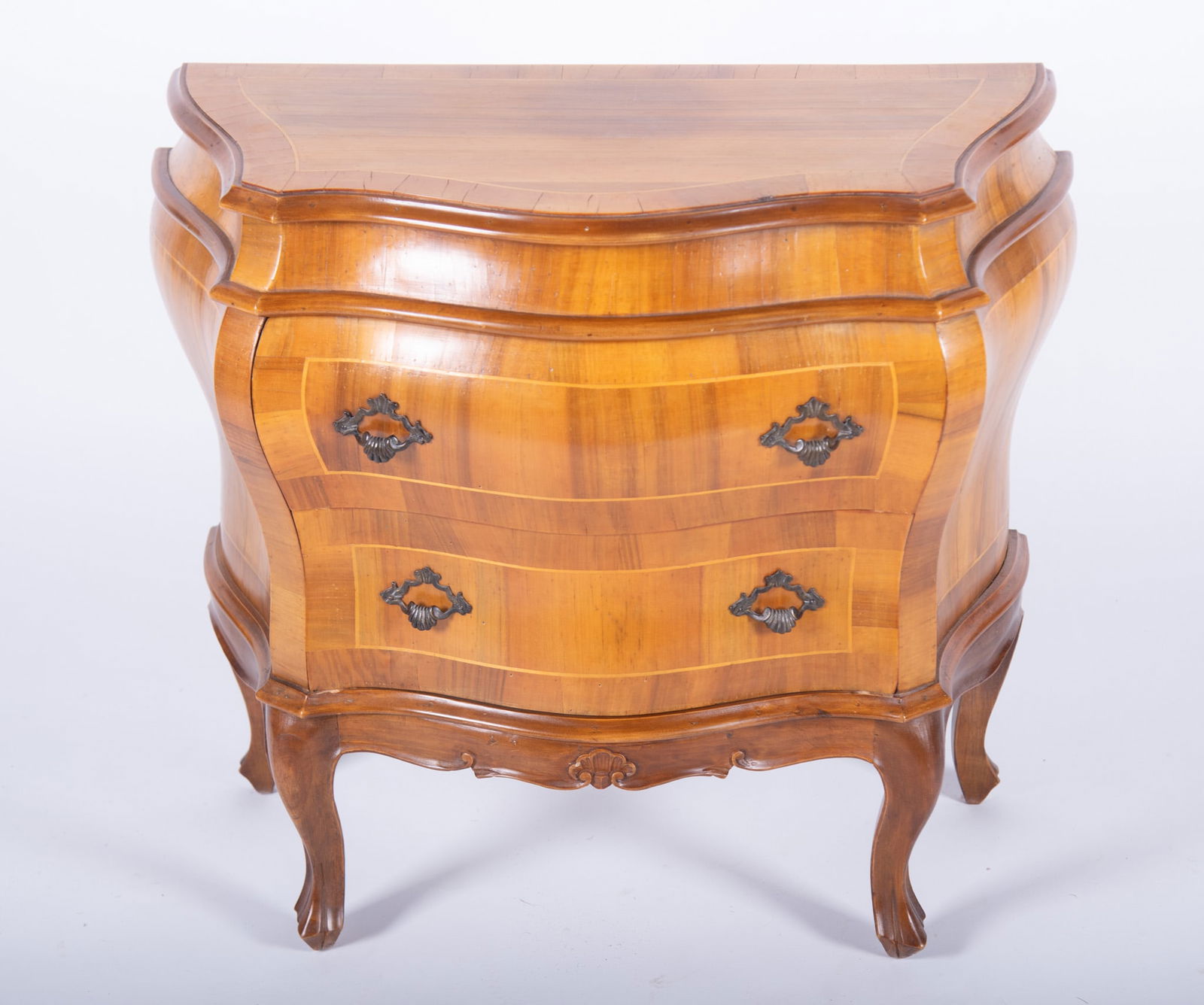 Twentieth Century Louis XV Design Short Cabinet: Twentieth Century Louis XV Design Short Cabinet Inlaid and crossbanded top above a serpentine and bombe body with canted corners and two shaped drawers with a shaped skirt below raised on cabriole