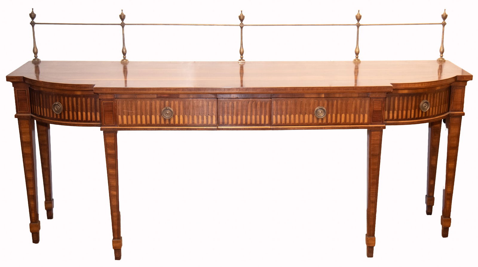 Late 19th to Early 20th Century English Breakfront Sideboard: Late 19th to Early 20th Century English Breakfront Sideboard Brass back rail with urn form finials above an inlaid and crossbanded top above a pair of short drawers and short center drawer all with