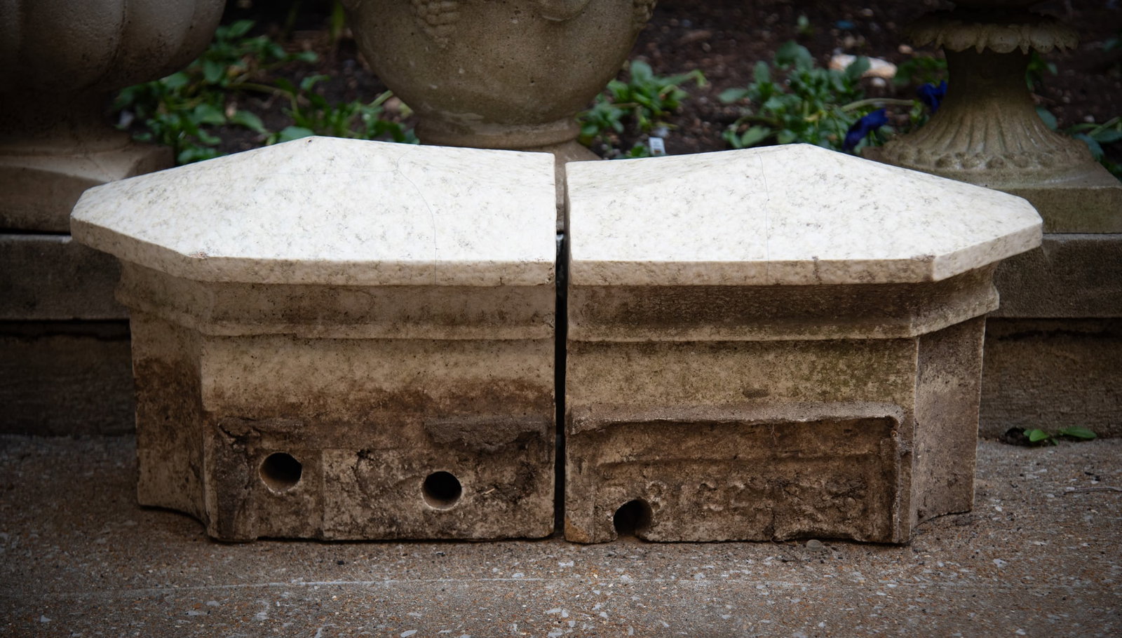 Pair of Neoclassical Style Glazed Terracotta Architectural Elements: Pair of Neoclassical Style Glazed Terracotta Architectural ElementsA pair of antique six-sided architectural elements, the beveled tops having deep bases, likely roof caps.15 1/4 x 9 1/4 x 12 inches