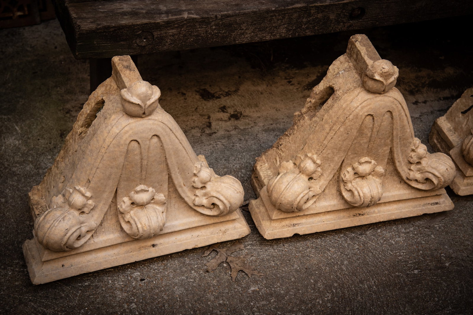 Pair of Antique Galzed Terracotta Corbels: Pair of Antique Galzed Terracotta CorbelsThe corbels feature stylized three lobed foliate designs.18 x 19 1/2 x 9 1/2 inches