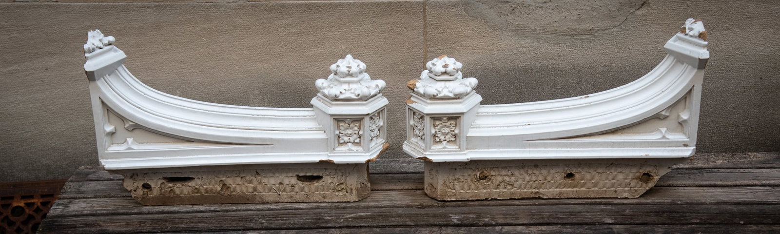 A Pair of Victorian Style Glazed Terracotta Corbels, Late 19th - Early 20th Century: A Pair of Victorian Style Glazed Terracotta Corbels, Late 19th - Early 20th CenturyPediments featuring swan neck and octagonal corners with a recessed panel containing a floral motif. Terminating in a