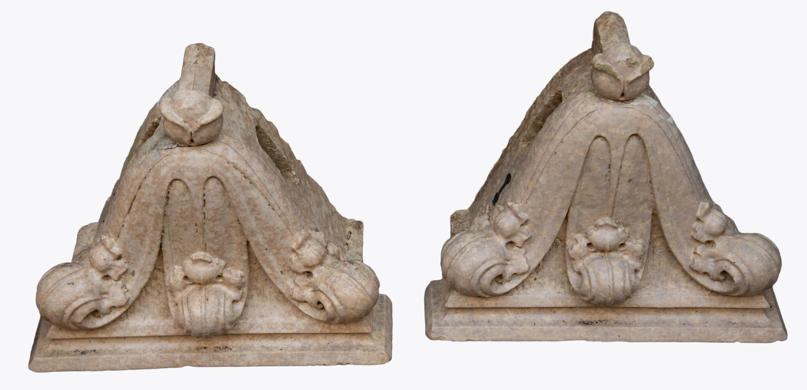 Pair of Antique Galzed Terracotta Corbels: Pair of Antique Galzed Terracotta CorbelsThe corbels feature stylized three lobed foliate designs.18 x 19 1/2 x 7 1/2 inches