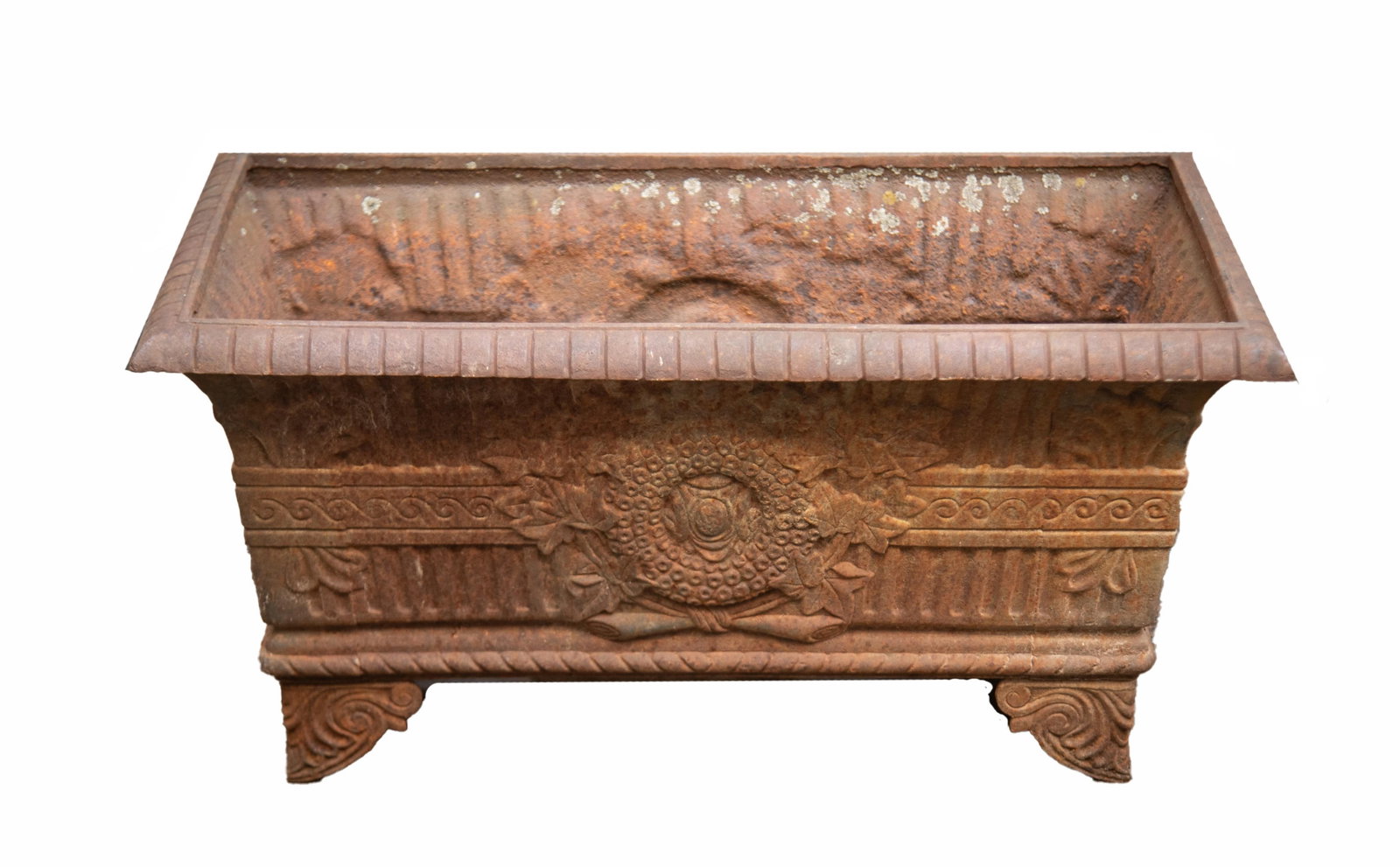 Neoclassical Design Cast Iron Planter, Likely 19th Century: Neoclassical Design Cast Iron Planter, Likely 19th Century Antique iron garden planter with stylized scrolled feet, featuring a fluted body decorated in relief with wreaths and an Etruscan motif. 14