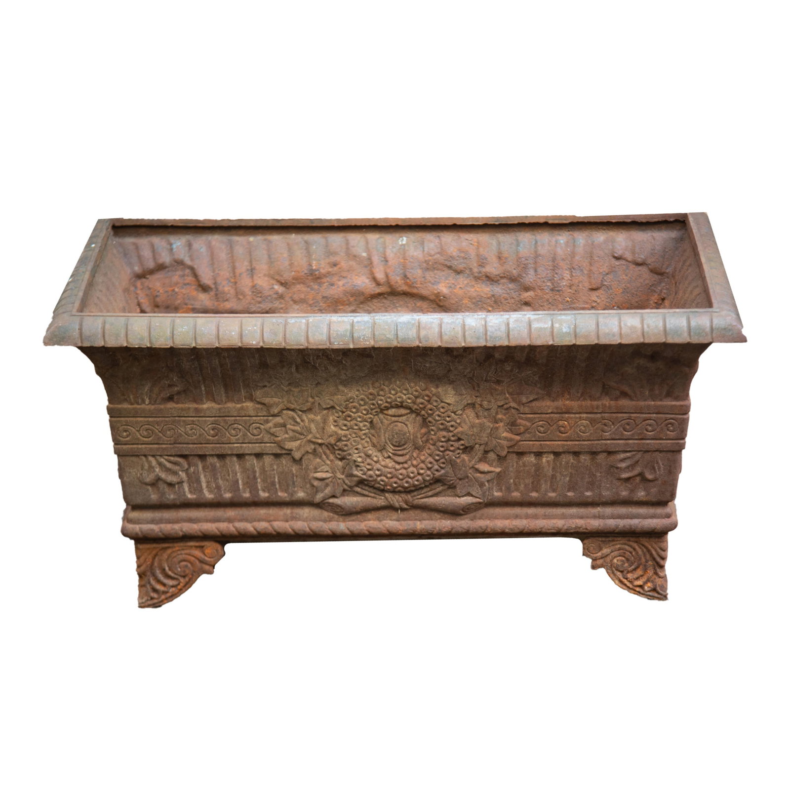 Neoclassical Design Cast Iron Planter, Likely 19th Century: Neoclassical Design Cast Iron Planter, Likely 19th Century Antique iron garden planter with stylized scrolled feet, featuring a fluted body decorated in relief with wreaths and an Etruscan motif. 14