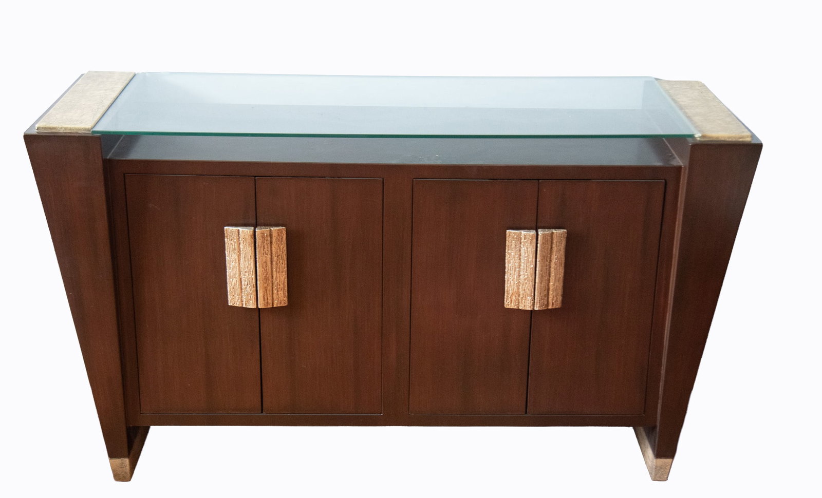 Modern Design Artmax Buffet: Modern Design Artmax BuffetRectangular top with inset glass above four doors with rectangular vertical and textured handles centering flared sides raised on slightly tapering legs.33 x 59 x 19 1/2 inc