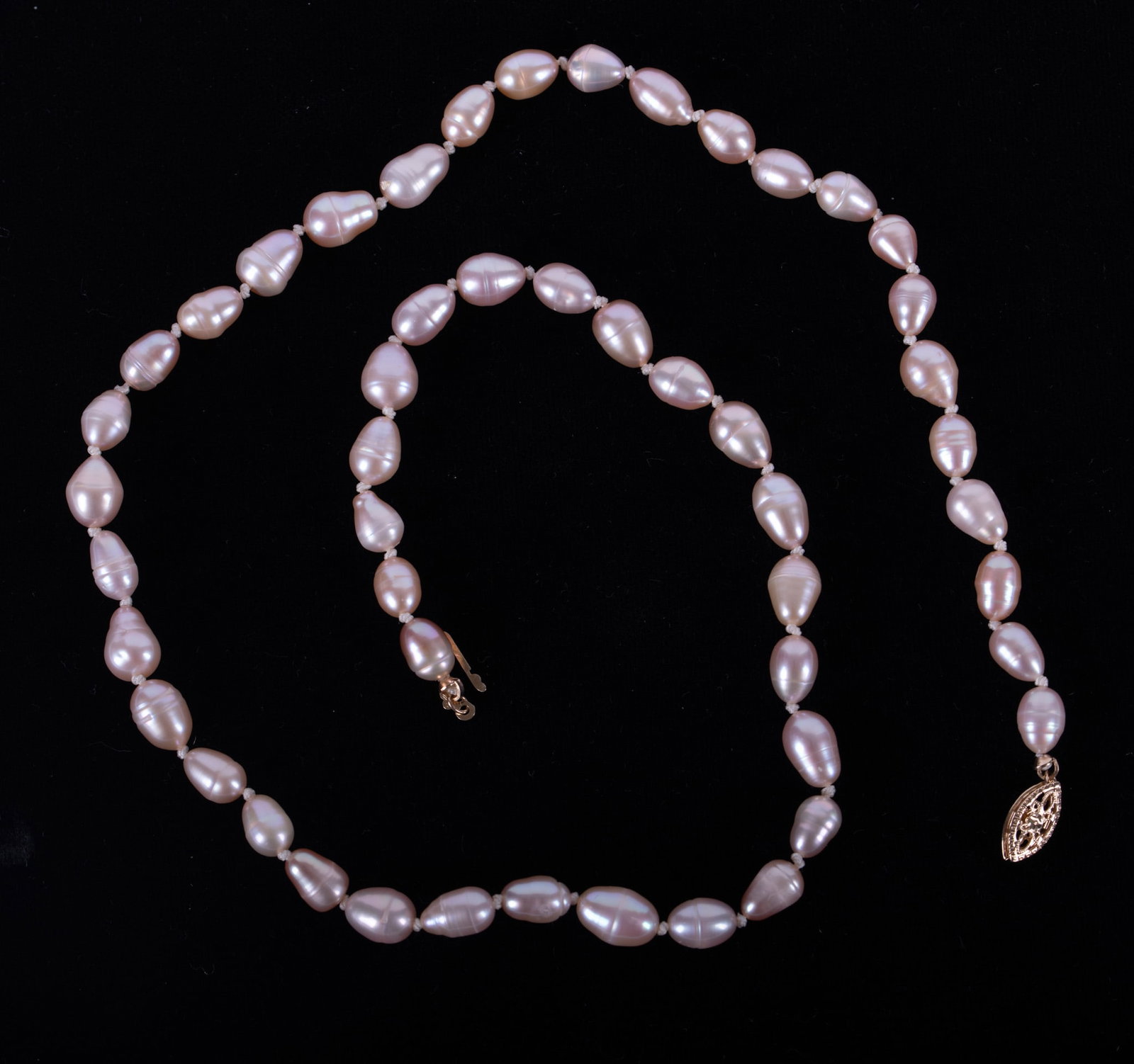 Pink Pearl and 14k Necklace: Pink Pearl and 14k NecklaceBaroque freshwater pink pearl necjklace with 14k yellow gold fishhook closure