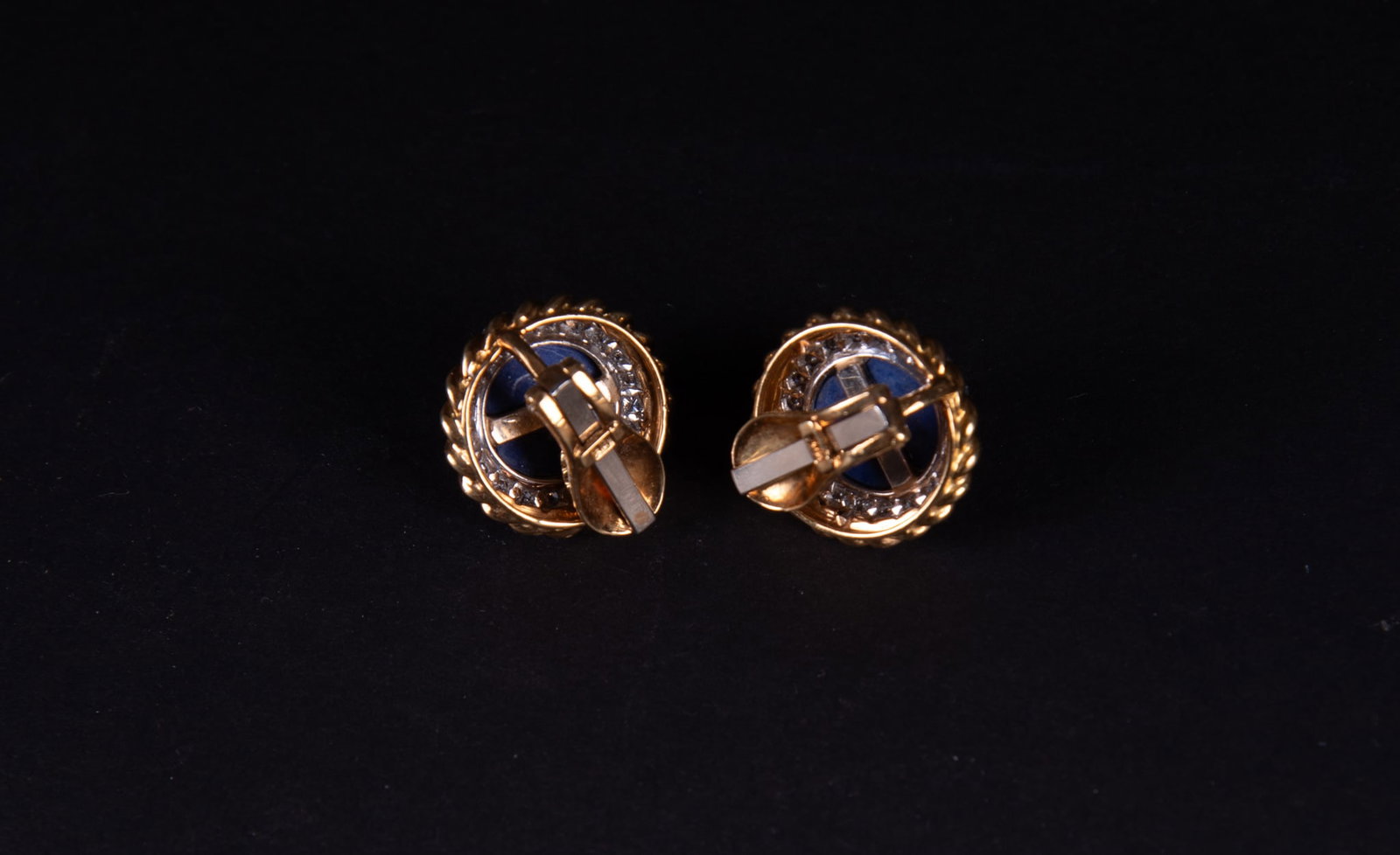 Pair 18K Yellow Gold Ear Clips with Lapis and Diamonds (1 of 1)