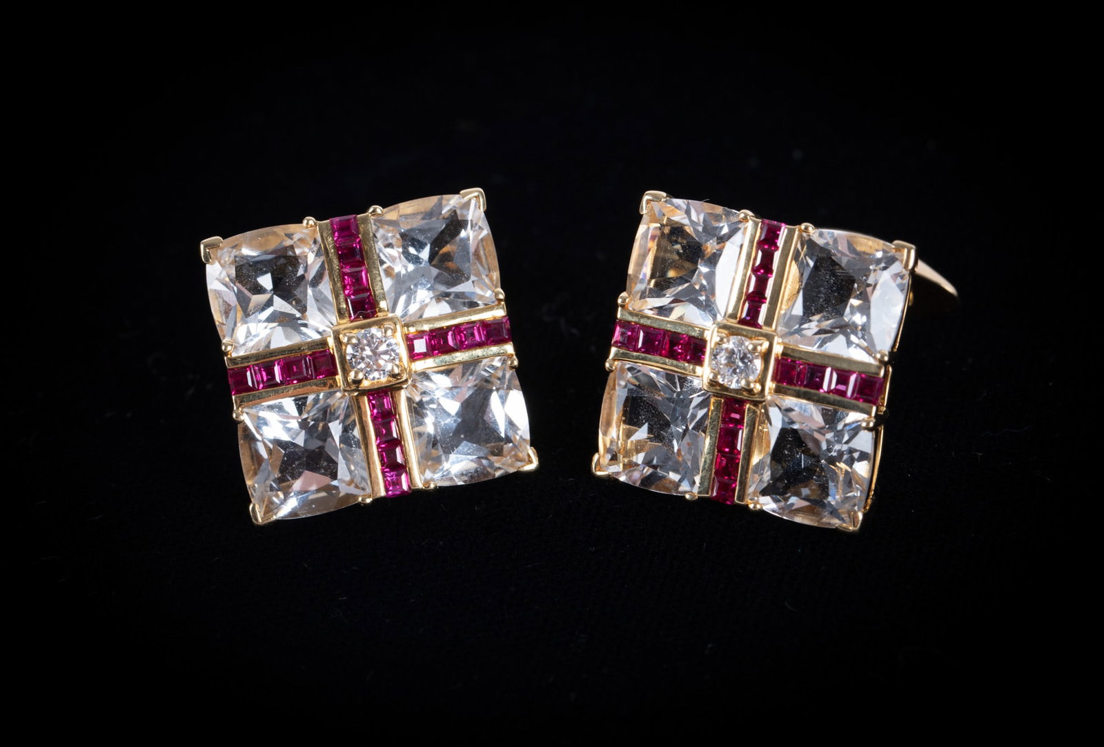 Dazzling 18K Yellow Gold Cufflinks set with Rubies, Quartz & Diamonds (1 of 2)