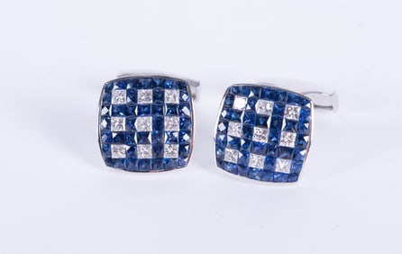 Stunning 14K White Gold Diamond & Sapphire Cufflinks