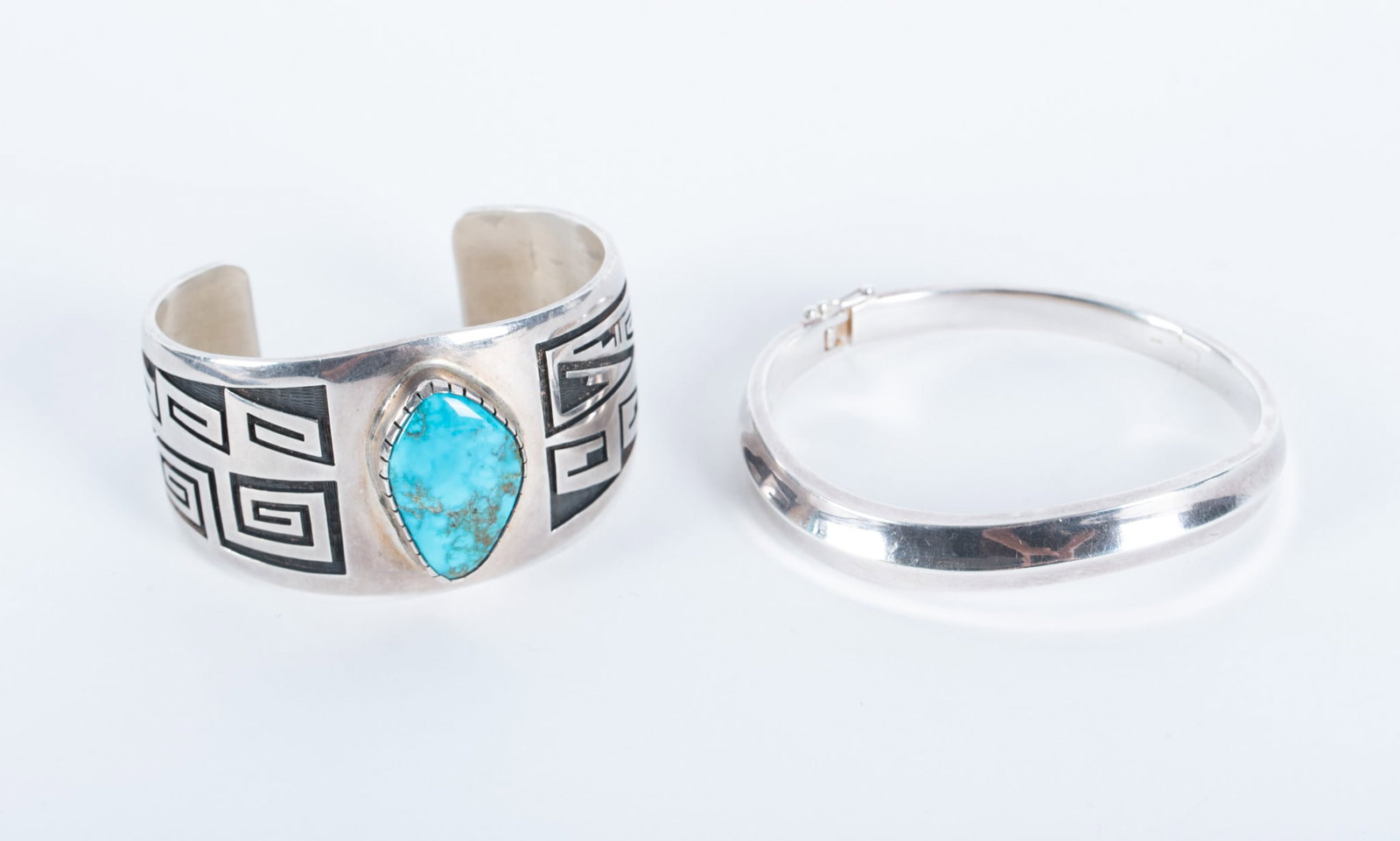 Native American Sterling-Turquoise Cuff paired with a Sterling Hinged Bracelet (1 of 2)