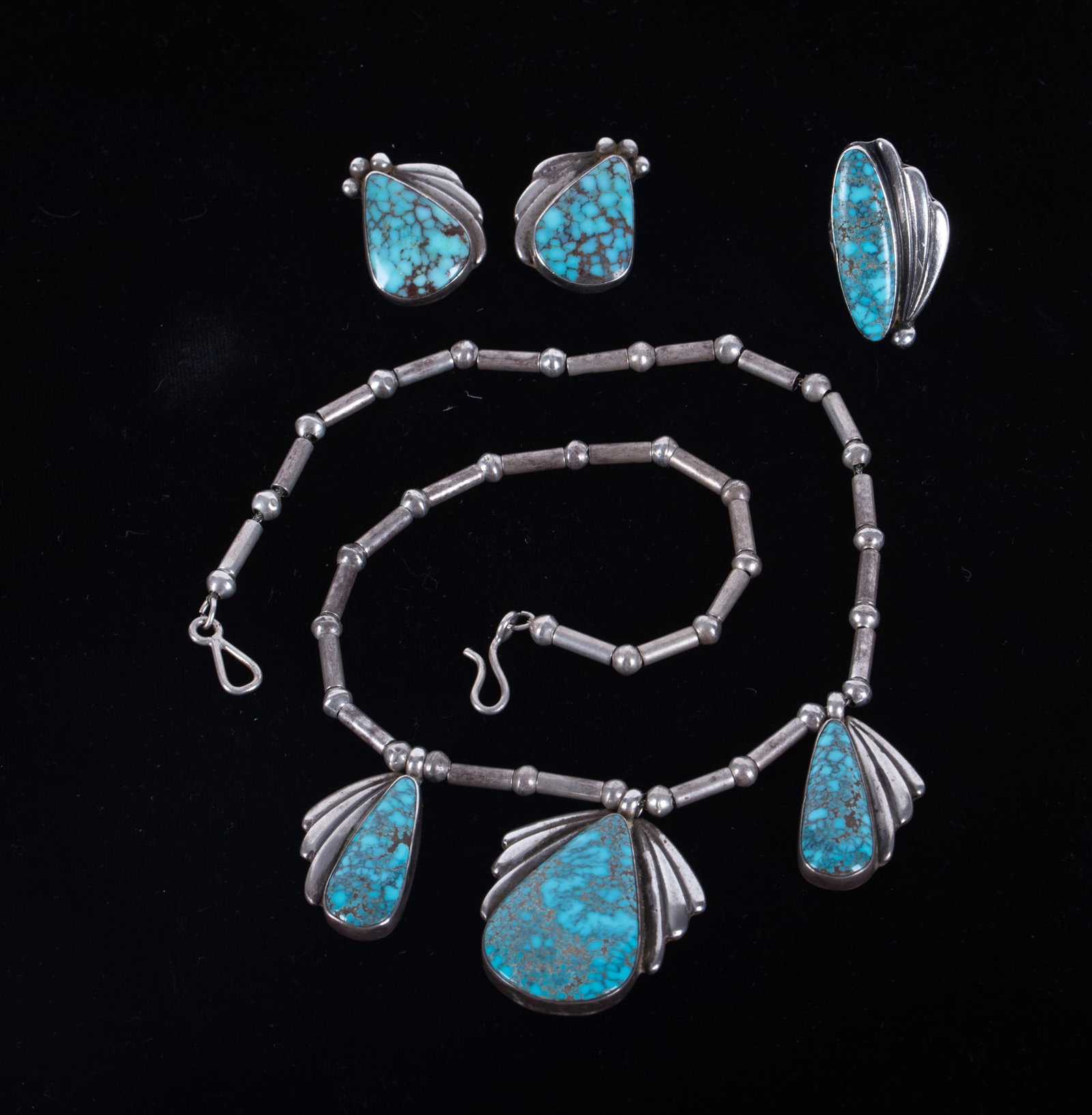 Vintage Native American Necklace, Earrings & Ring: Vintage Native American Necklace, Earrings & RingThe spider web turquoise in these pieces is extraordinary. Made by a Navajo artisan, this set includes a 17 inch long necklace, a ring-size 4 3/4, and