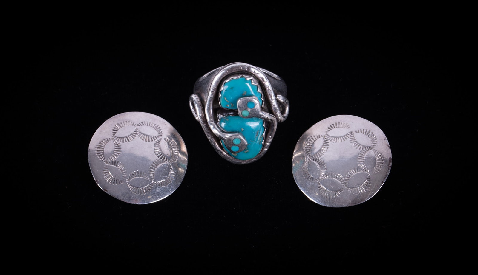 Vintage Native American Snake Ring with Turquoise Stones by Artist Effie Calavaza Together with Pair (1 of 2)