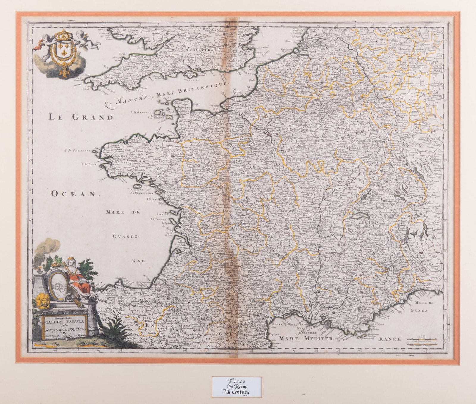 Joannem De Ram, Amsterdam (1648-1693), France, hand colored engraving: Joannem De RamAmsterdam, (1648-1693)Francehand colored engraving17th Century map of France. Framed18 x 22 1/2 inches (visible); 26 x 30 1/2 inches (overall with frame)