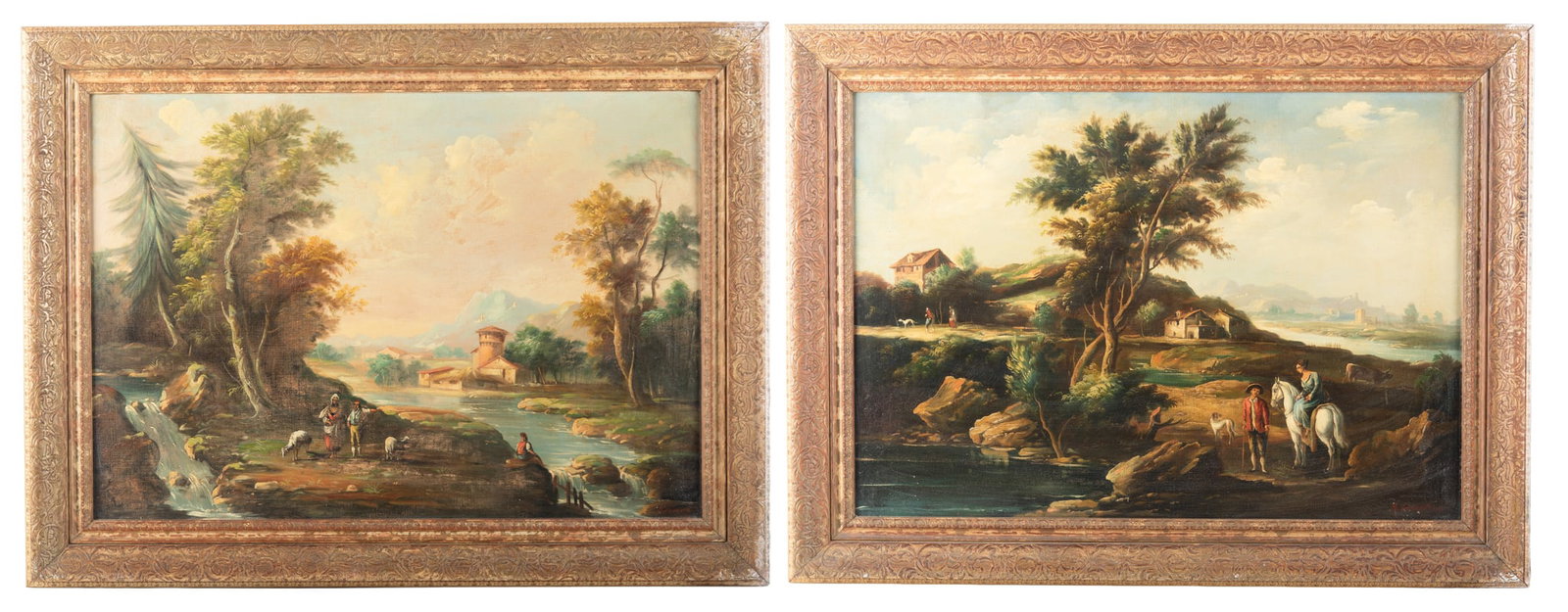 Italian School 18th Century, A Pair of Landscapes with Figures, oil paintings on canvas mounted to: Italian School, 18th CenturyA Pair of Landscapes with Figuresoil paintings on canvas mounted to masoniteeach signed indistinctly lower right, framed.20 x 28 inches; 25 x 33 1/4 inches (ovewrall with f